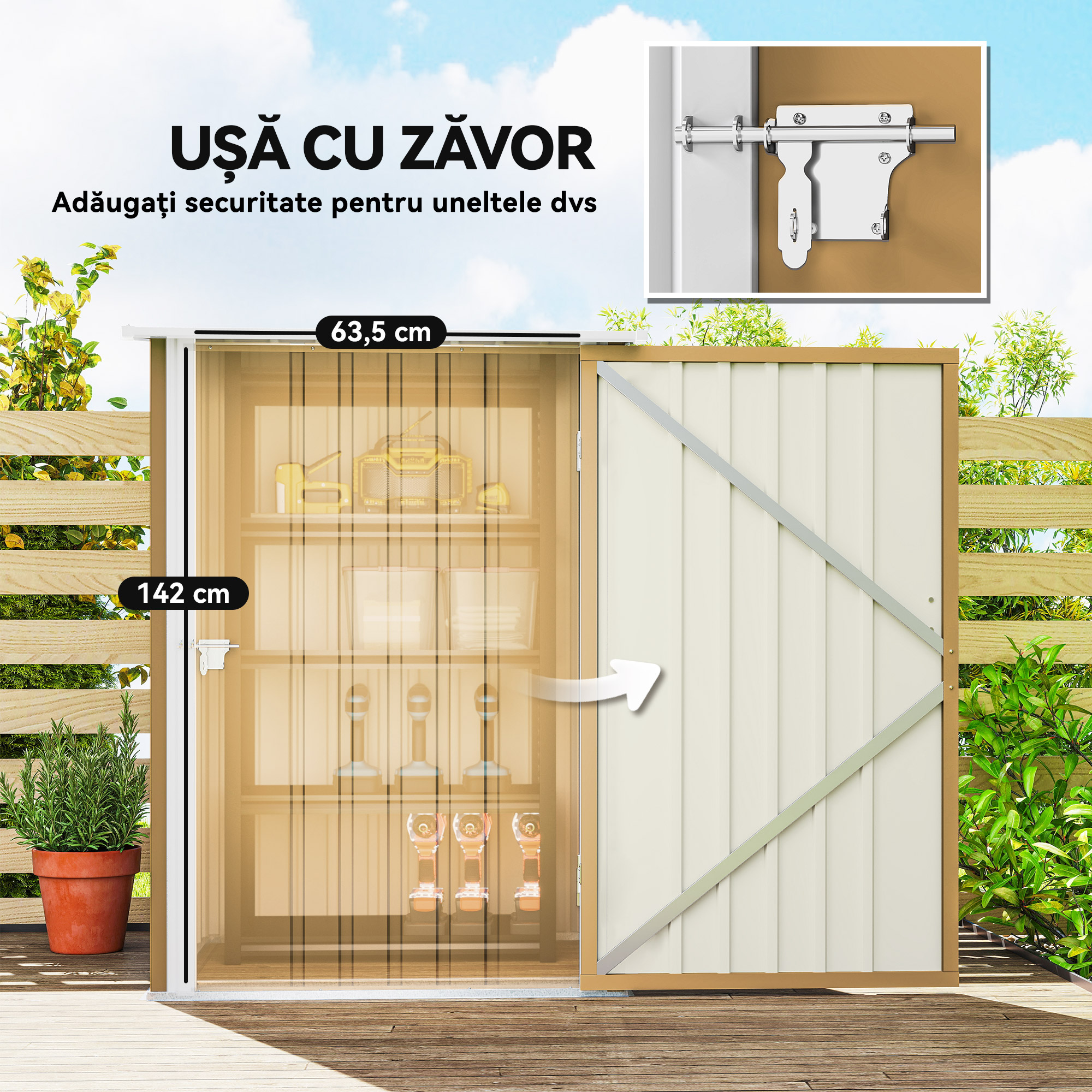  sopron de Gradina 0.92m² din Otel Galvanizat, Depozit pentru Unelte cu Usa cu Sistem de Blocare, Acoperis inclinat, 100x104x160 cm, Galben [4]