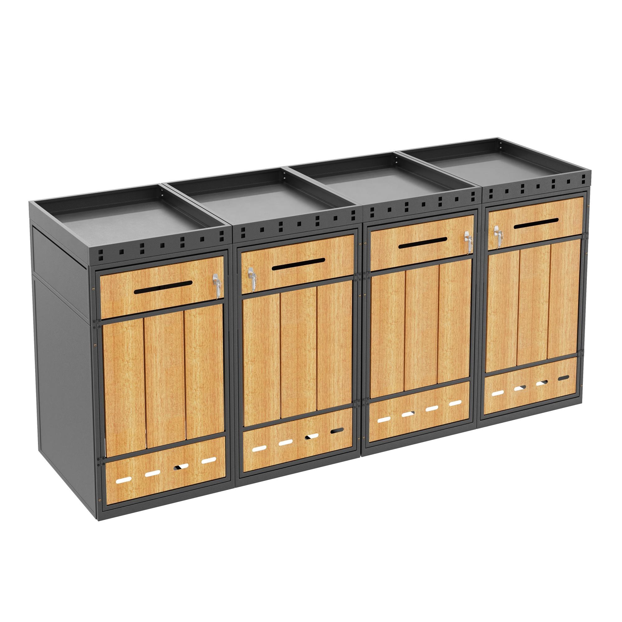 Cutie pentru pubele cu jardiniieră pentru 4 pubele acces frontal cu încuietoare și mâner 264x80x124 cm Gri+Culoare naturală