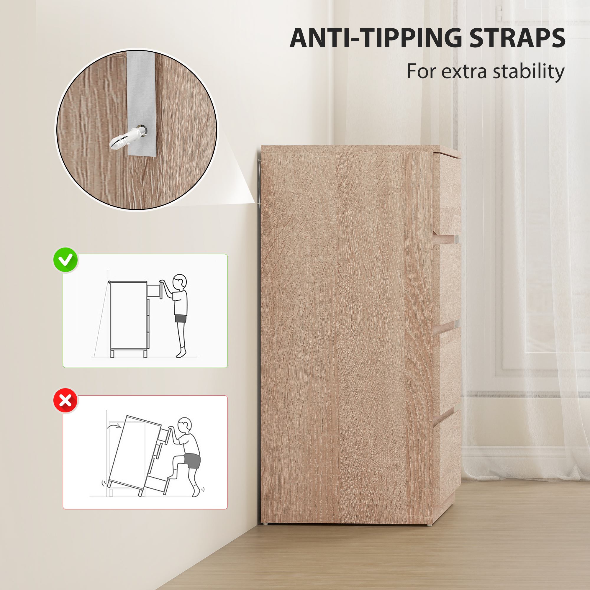  Comoda cu 4 Sertare din Lemn cu sine Metalice si Manere Canelate, 60x40x80 cm, Lemn Fag [5]