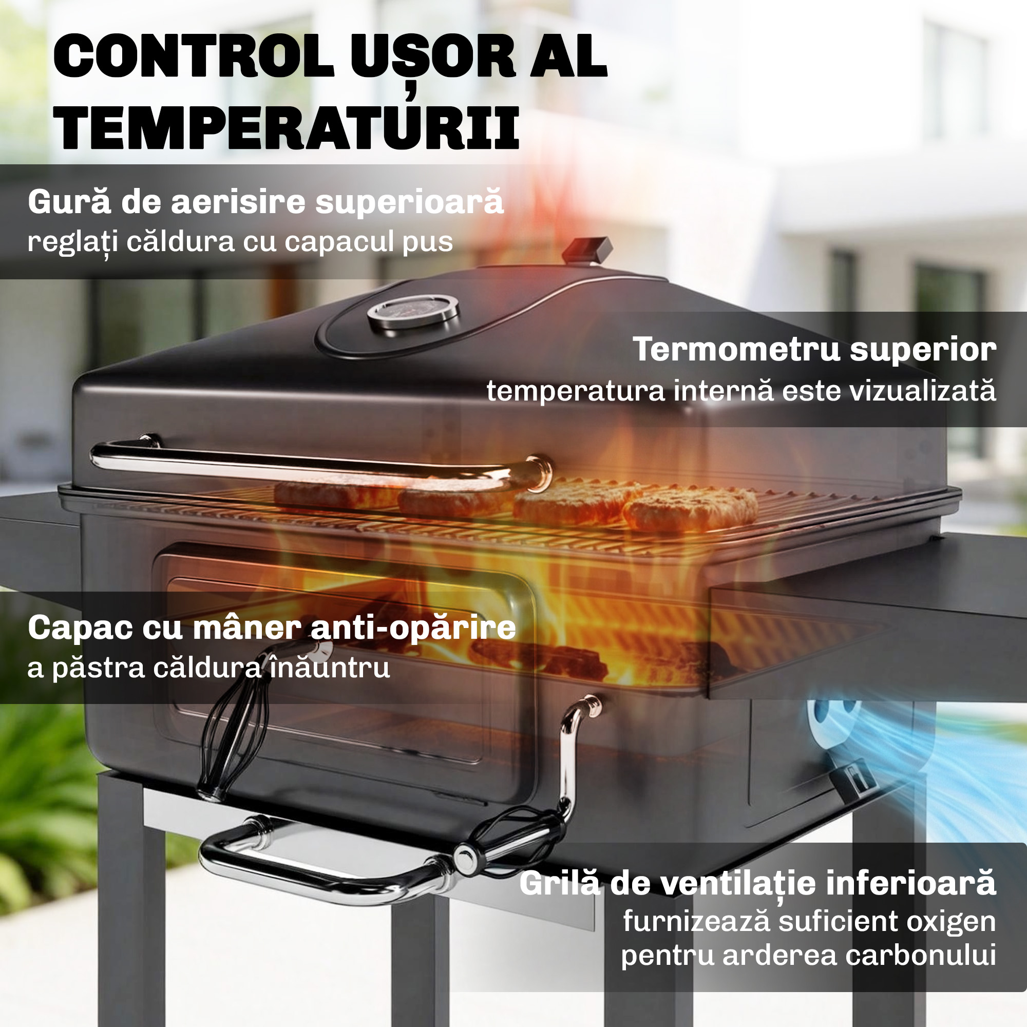  Gratar pe Carbune, Afumator Portabil cu Ventilatie, Termometru si Rafturi Laterale, Negru [5]