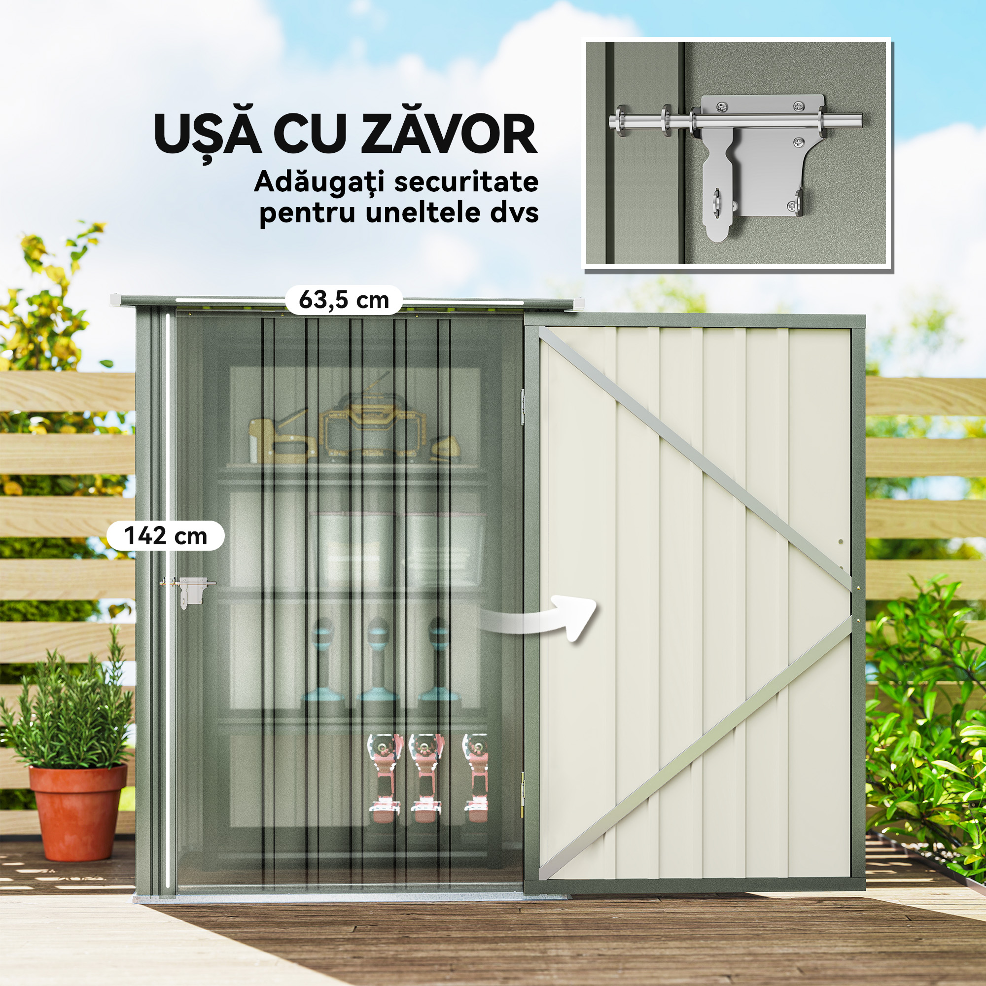  Casuta pentru Gradina 0,92m² din Otel Galvanizat, Depozit pentru Unelte cu Usa Blocabila, Acoperis inclinat, 100x104x160 cm, Argintiu [4]