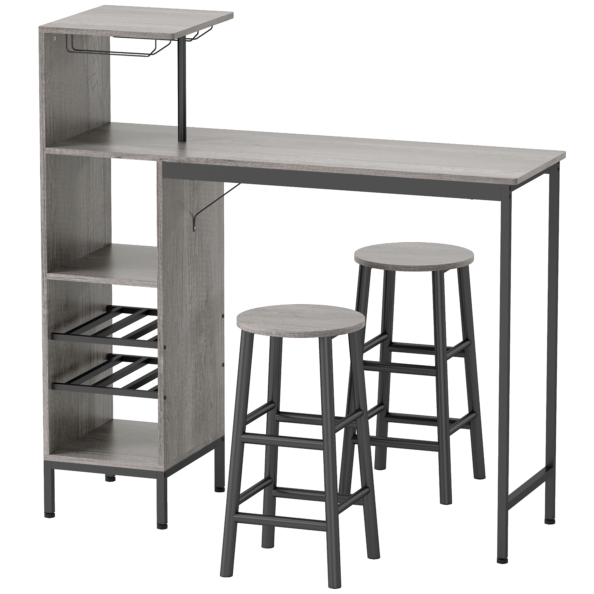 Homcom Natural Wood Finish 3 Pieces Dining Room Set, 2 Round Stools With Footrest, 6-Tier Dining Table With Storage Shelves, Natural