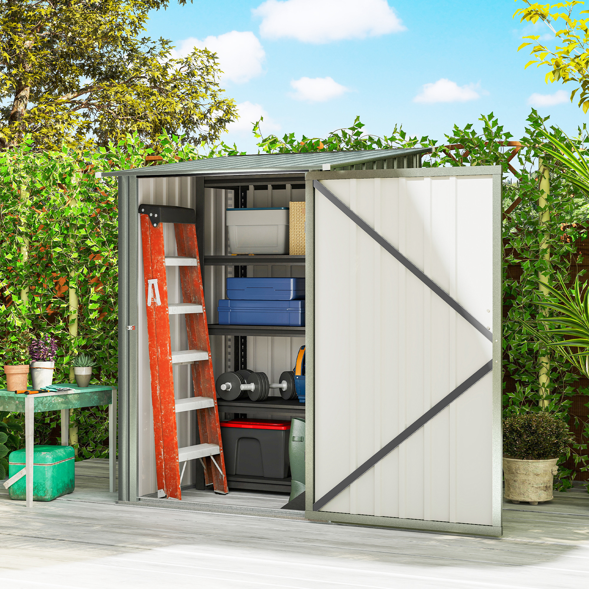  Casuta pentru Gradina 0,92m² din Otel Galvanizat, Depozit pentru Unelte cu Usa Blocabila, Acoperis inclinat, 100x104x160 cm, Argintiu [1]