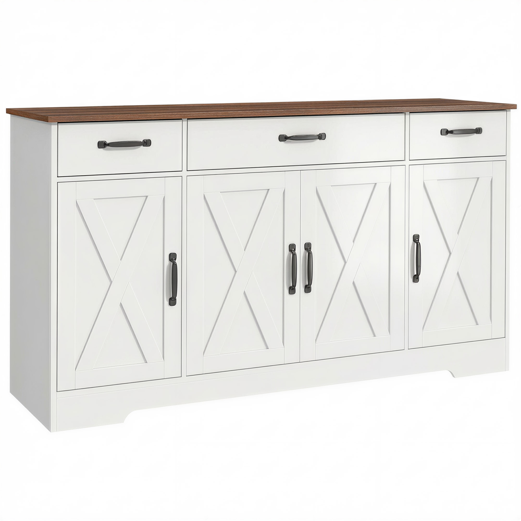 HOMCOM Küchenbuffet, Aufbewahrungsmöbel mit 4 Scheunentüren, 3 Schubladen und verstellbaren Regalböden, TV-Möbel für Fernseher bis zu 152,4 cm, für Wohn- und Schlafzimmer, 140 x 40 x 81 cm, Weiß   Aosom