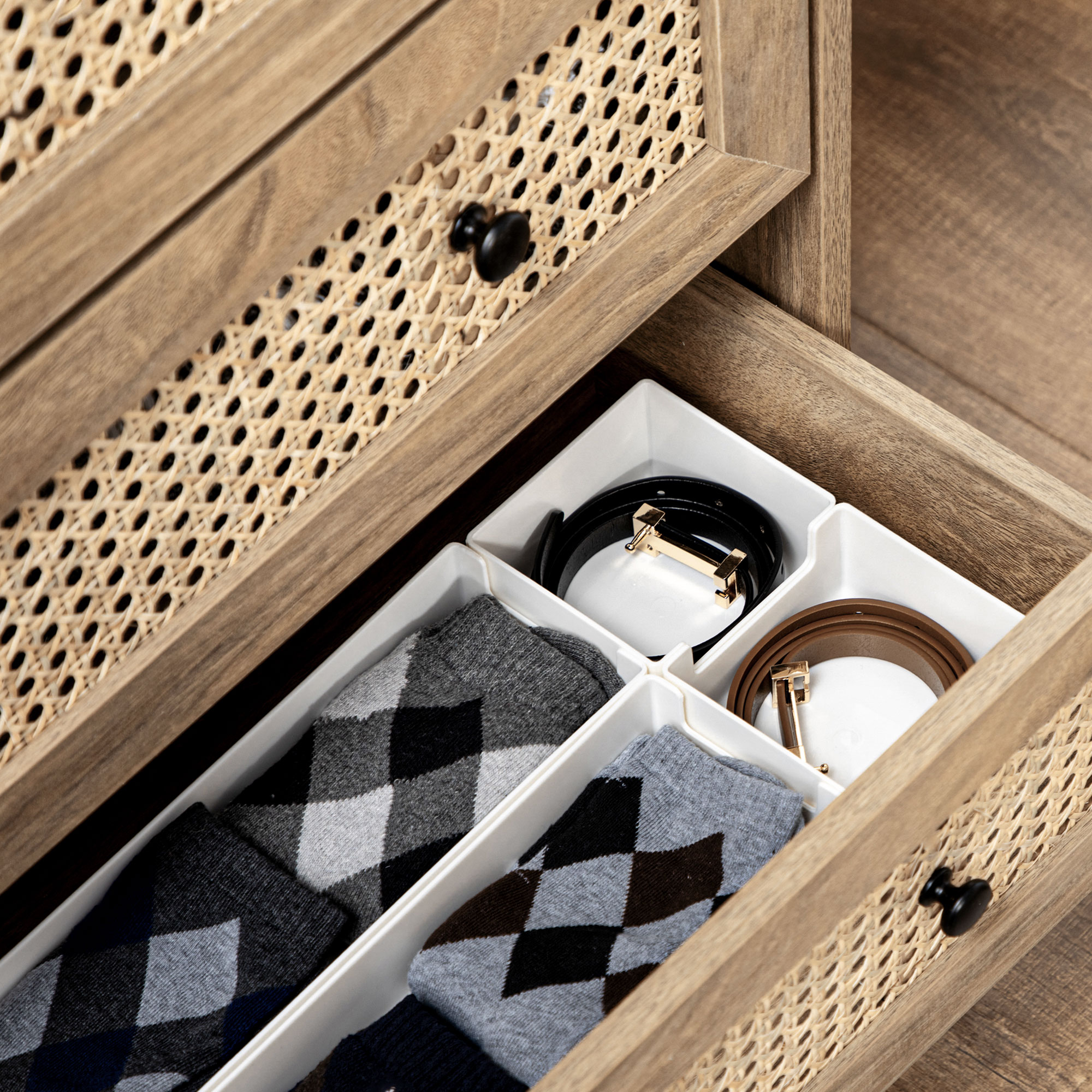  Comoda cu 4 Sertare si Insertii din Rattan Stil Boho, 80x35x95 cm, Lemn Natural [7]