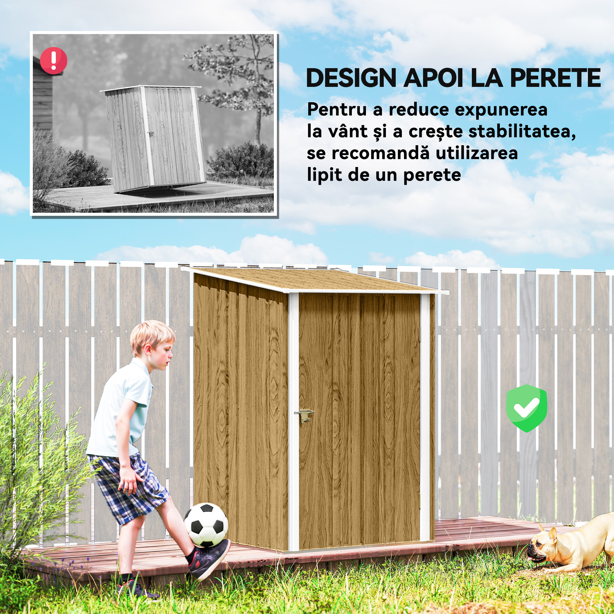  Casuta de Gradina 0.92m² din Otel Galvanizat, Depozit pentru Unelte cu Usa Blocabila, Acoperis inclinat, 100x104x160 cm, Maro Deschis cu Aspect Lemn [5]