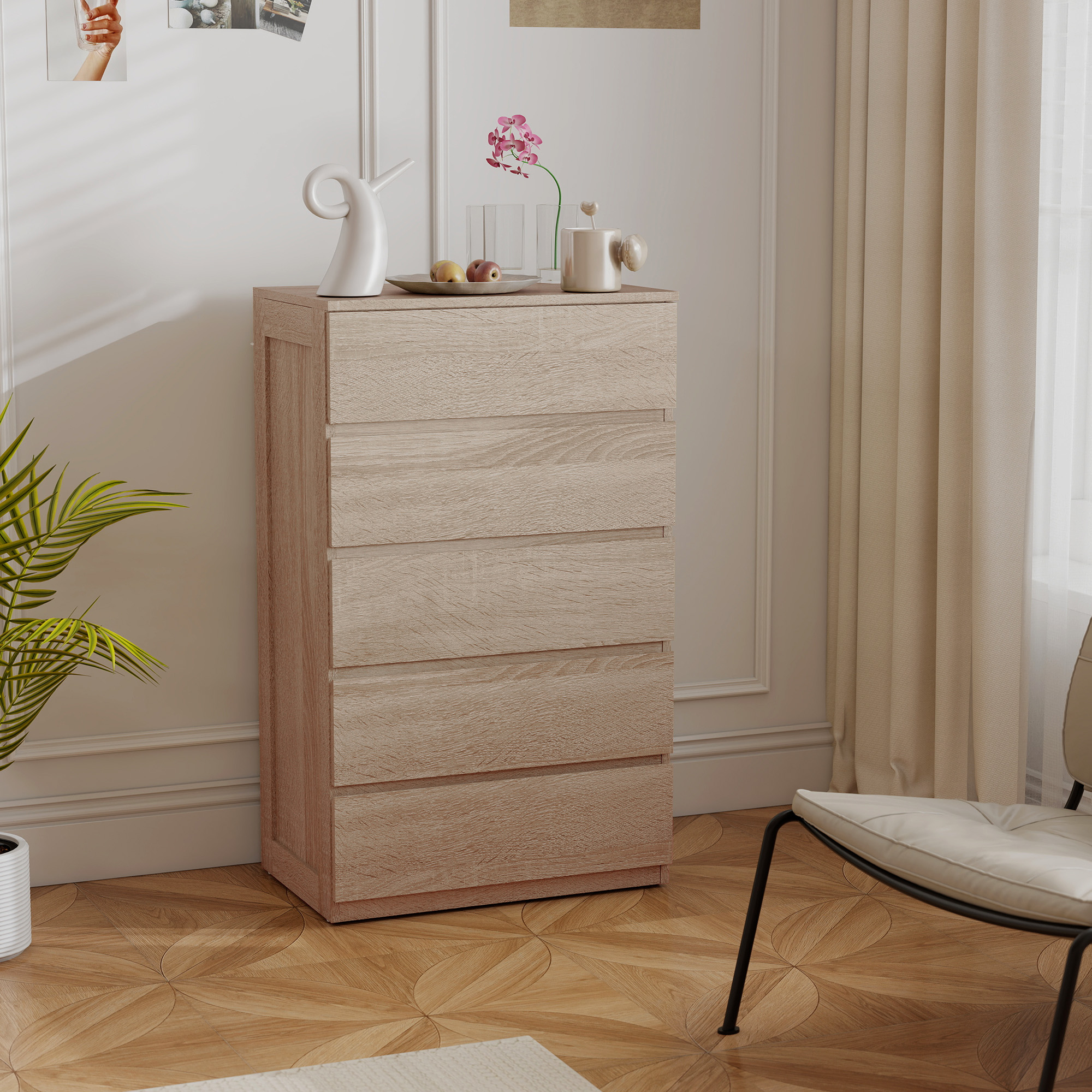  Comoda cu 5 Sertare din Lemn cu Ghidaje Metalice si Manere Canelate, 60x39x100 cm, Lemn Natural [6]