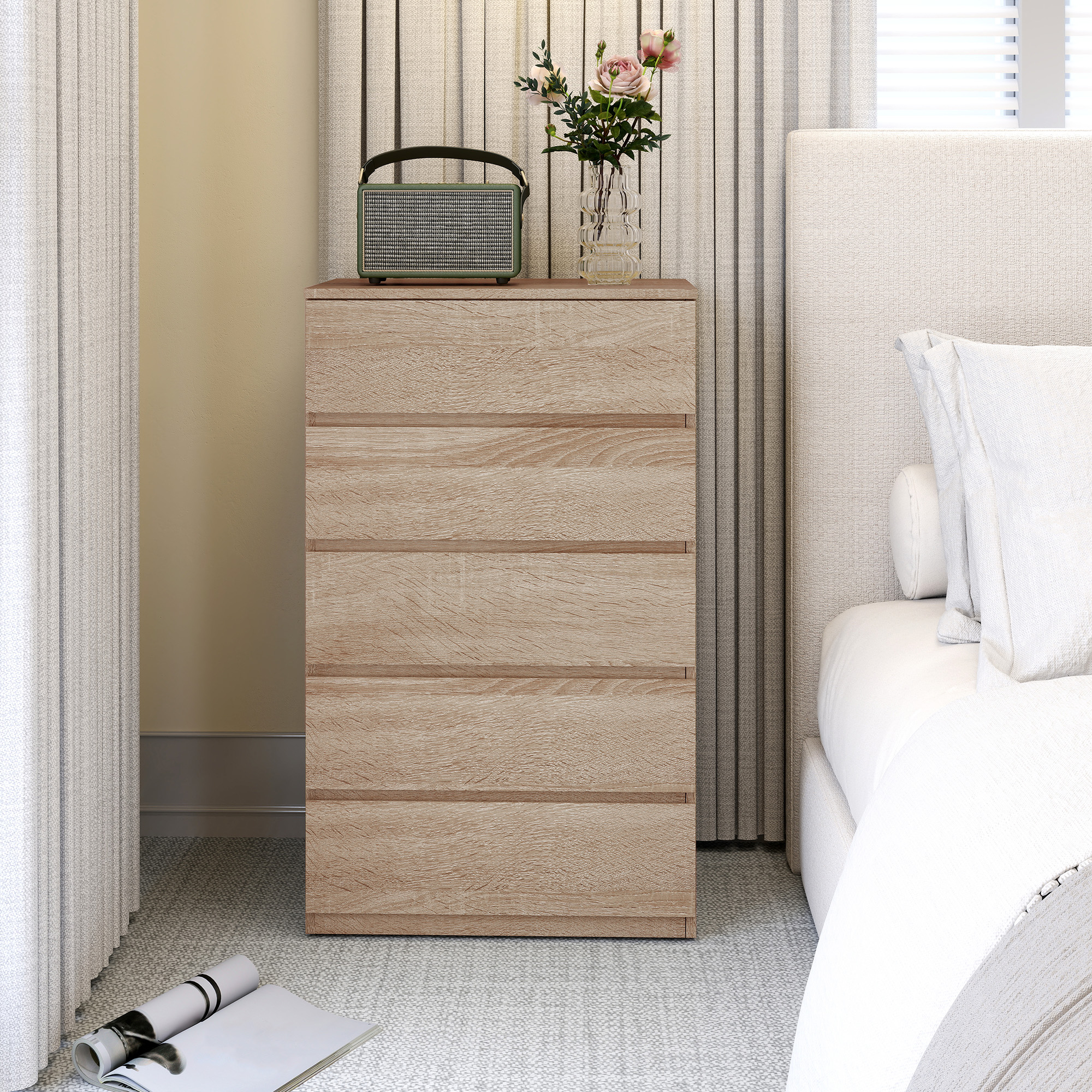  Comoda cu 5 Sertare din Lemn cu Ghidaje Metalice si Manere Canelate, 60x39x100 cm, Lemn Natural [7]