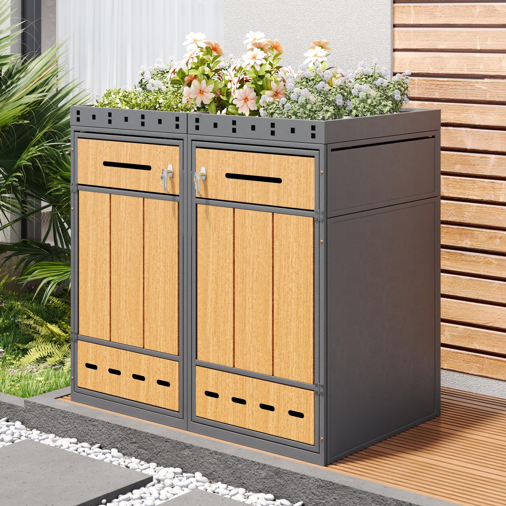 Dubbele afvalcontainerbox met plantenbak, grijs en houtkleurig | Aosom Netherlands