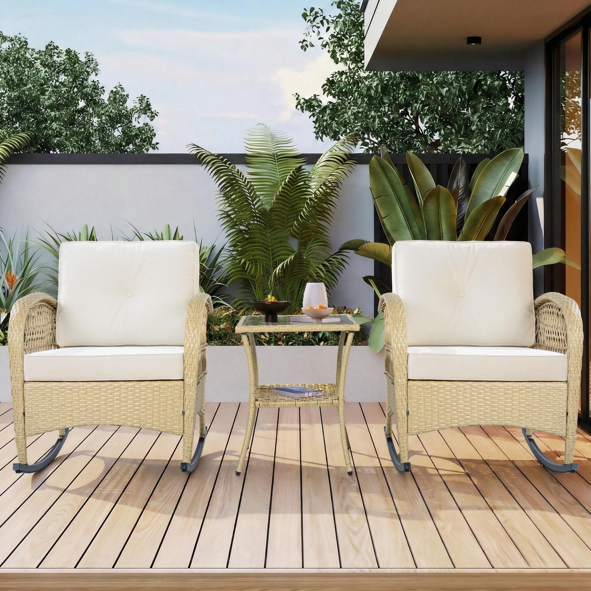 Rattan-Balkongarnitur (3-teilig), 2 bequeme Schaukelstühle mit hoher Rücken günstig online kaufen