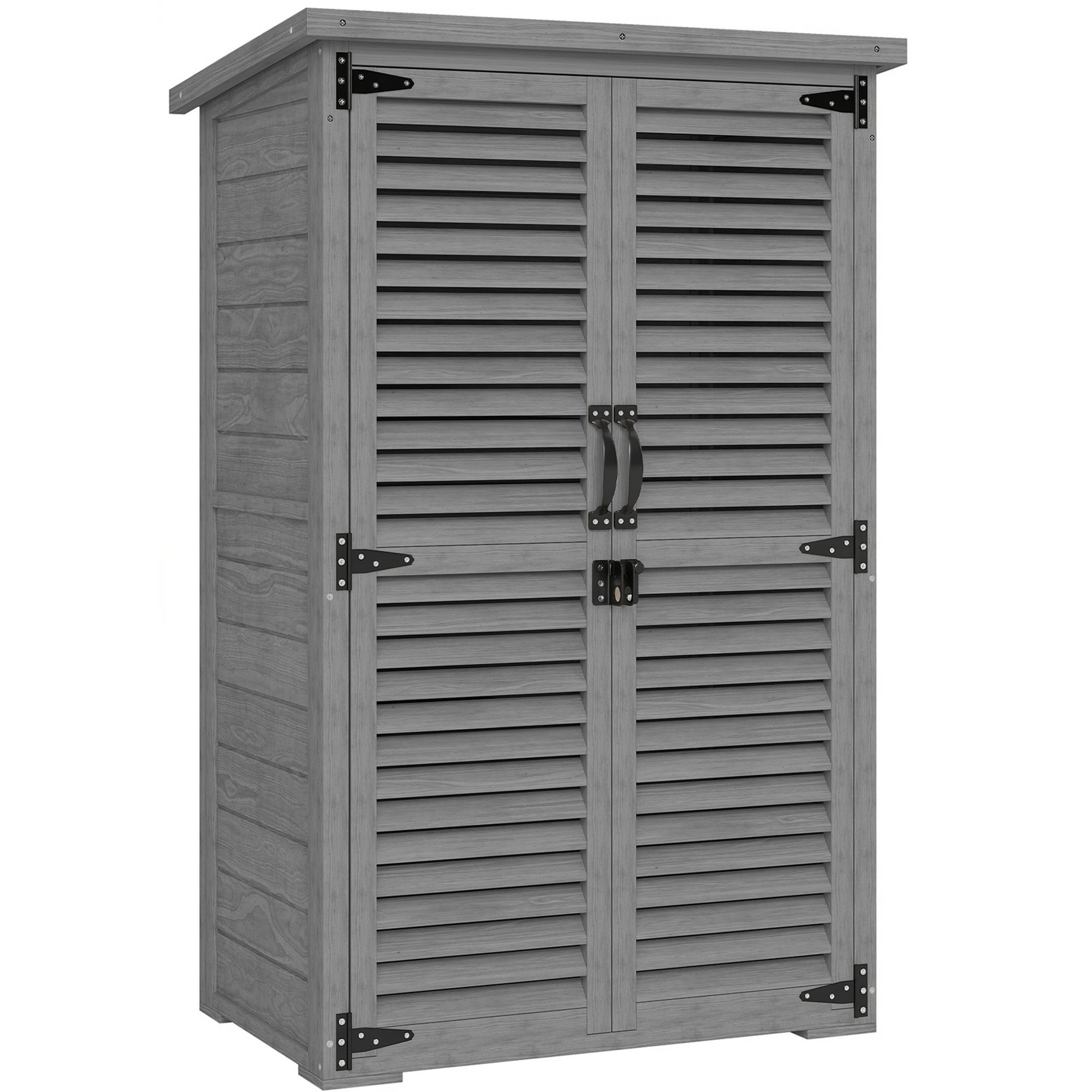 Outsunny Armario de Jardín Remise Para Herramientas en Madera 2 Estantes Techo Bituminoso Puertas Persianas Cerrable 75 x 50 x 118cm Gris