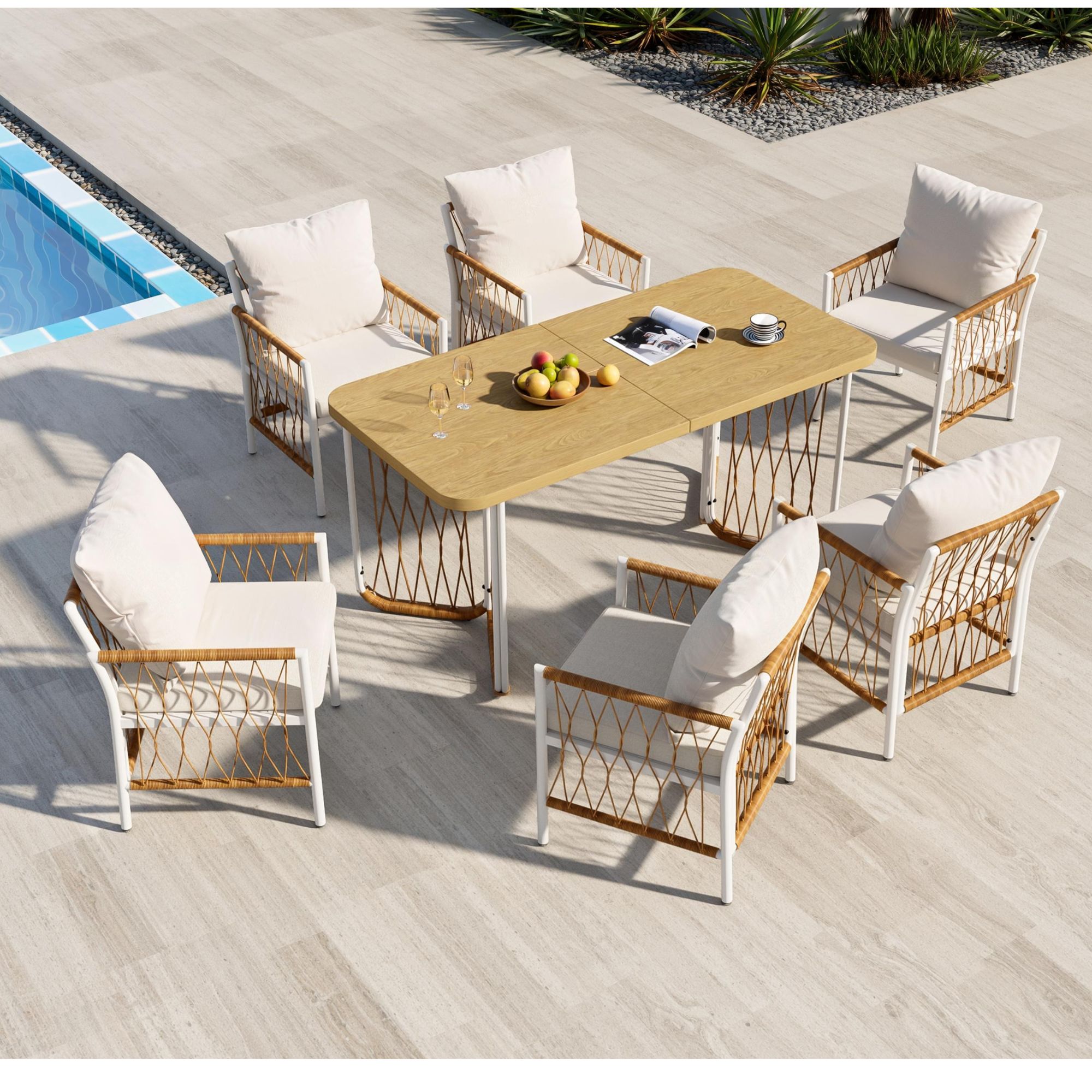 Modern 7-delig tuinmeubelset met wit metalen frame en gevlochten arm- en rugleuningen, beige en naturel | Aosom Netherlands