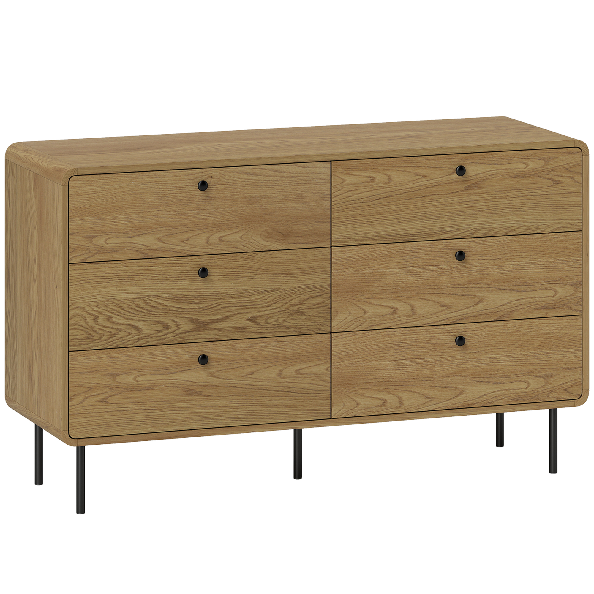 HOMCOM Comodă 6 sertare mobilier de depozitare stil modern colțuri rotunjite și picioare din oțel 120 x 40 x 75cm efect lemn de stejar | Aosom Romania