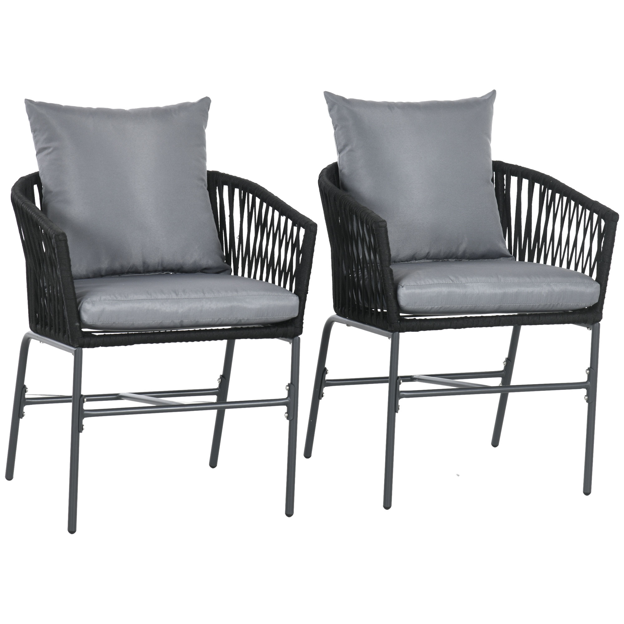 Outsunny Lot de 2 fauteuils chaises de jardin 2 places et métal et corde PE avec coussins, noir et gris foncé Outsunny Lot de 2 fauteuils chaises de jardin 2 places et métal et corde PE avec coussins, noir et gris foncé