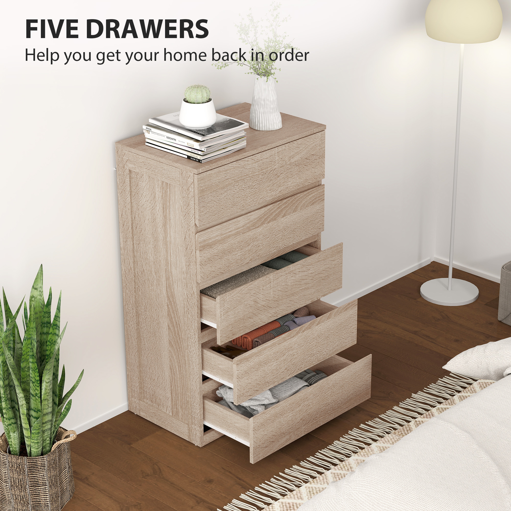  Comoda cu 5 Sertare din Lemn cu Ghidaje Metalice si Manere Canelate, 60x39x100 cm, Lemn Natural [4]