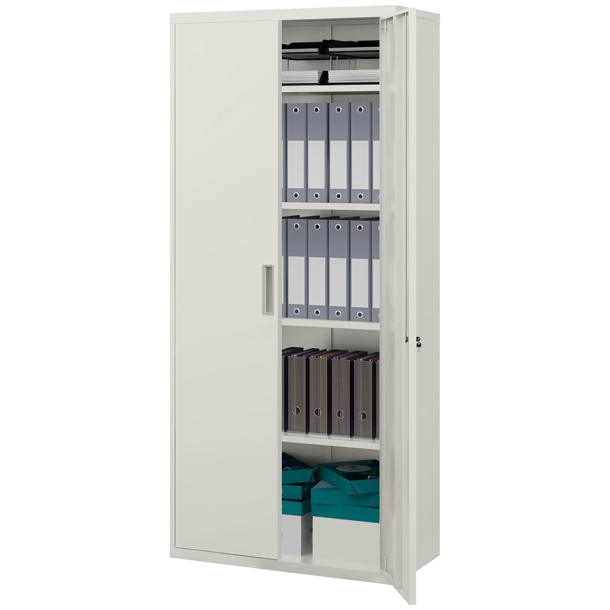 HOMCOM Armoire de bureau à 5 niveaux, armoire en acier avec 2 portes et 4 étagères réglables, verrouillable, blanc