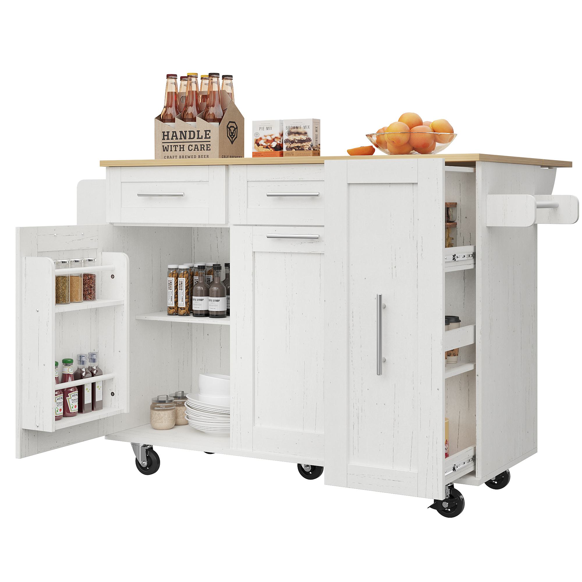 Kücheninsel mit klappbarer Tischplatte,Speisewagen mit Snackregalen und Stretchfunktionsschränken, 134,5x46/74x90,5 cm, Weiß