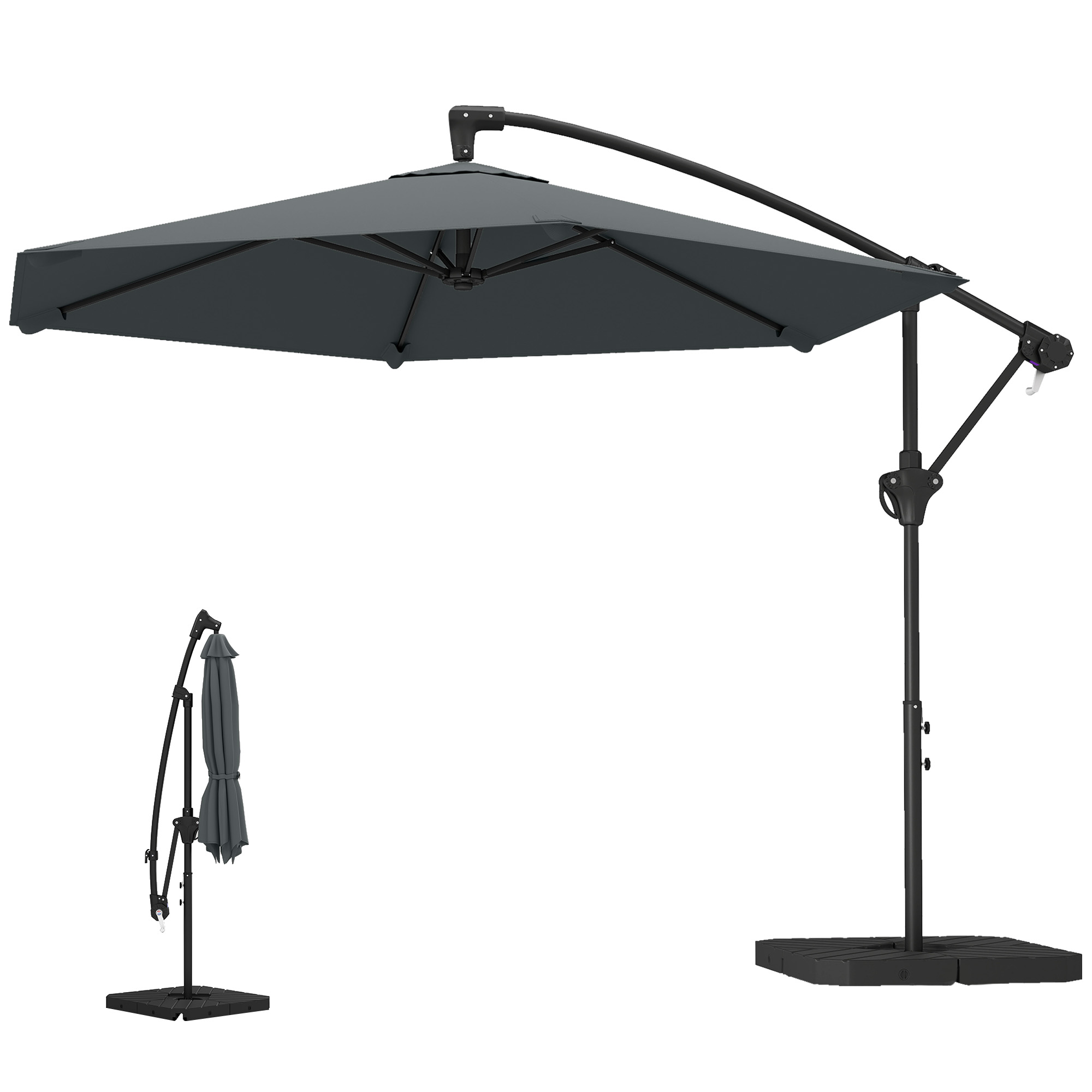 Outsunny Parasol déporté 3 m avec pied en croix et dalles lestage, parasol de jardin extérieur avec manivelle, gris foncé