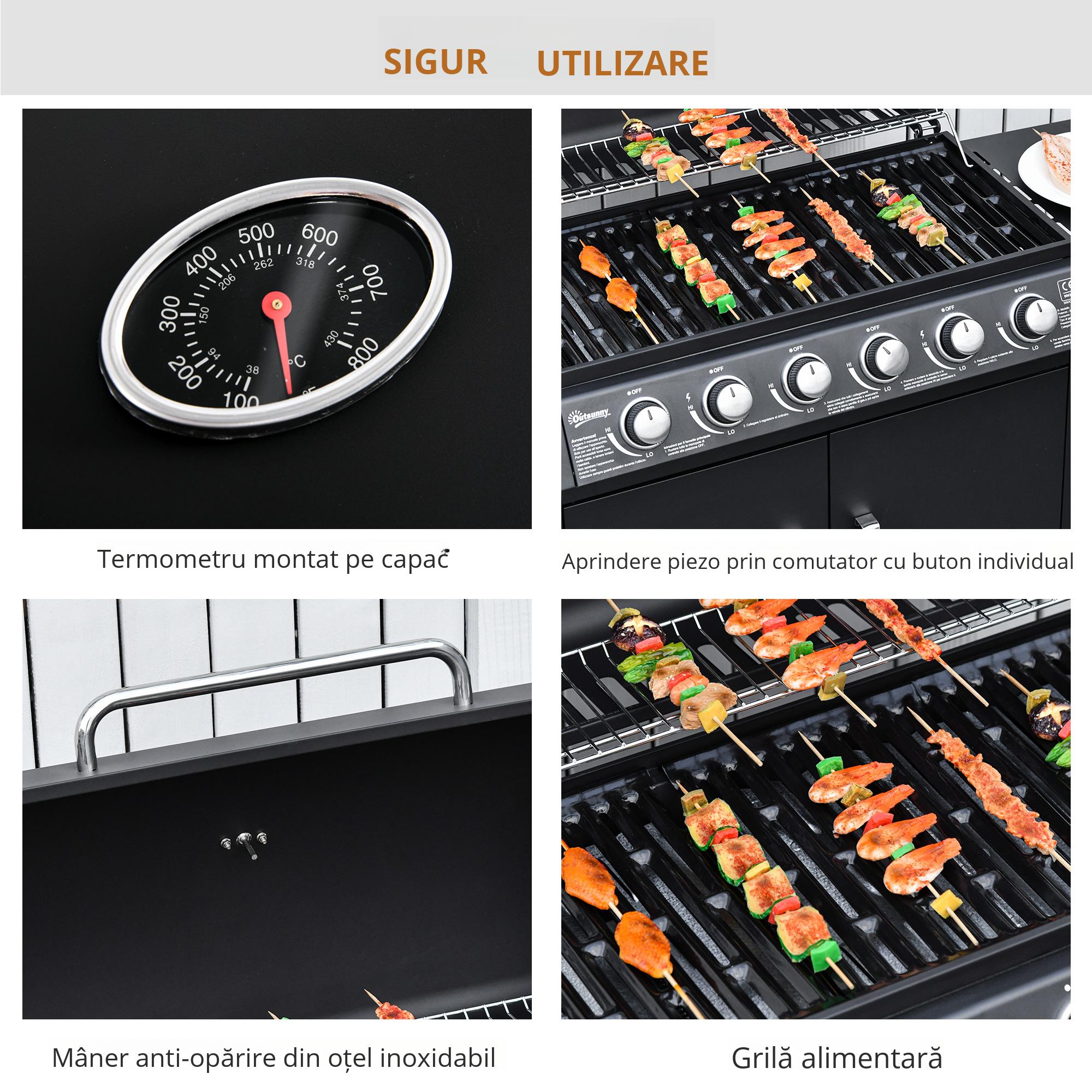  Gratar pe Gaz cu Capac, 7 Arzatoare de 20 kW in total si Arzator Lateral, Termometru, Raft si 2 Roti, 135x50x100cm Negru [5]