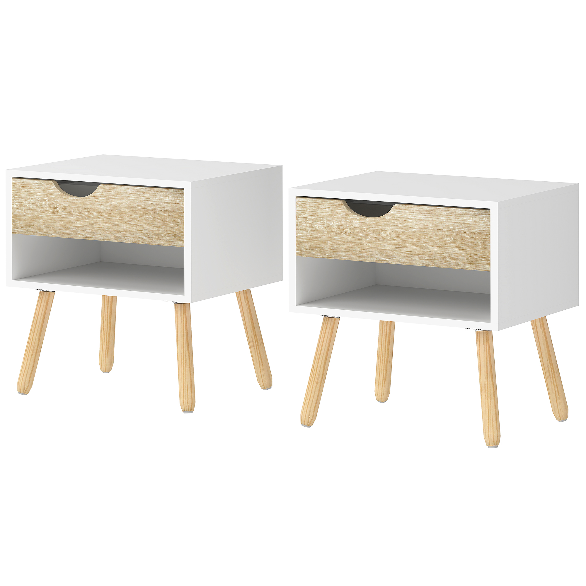 HOMCOM Set of 2 Bedside Tables with Drawer and Shelf, Modern Nightstand, End Table for Bedroom, Living Room