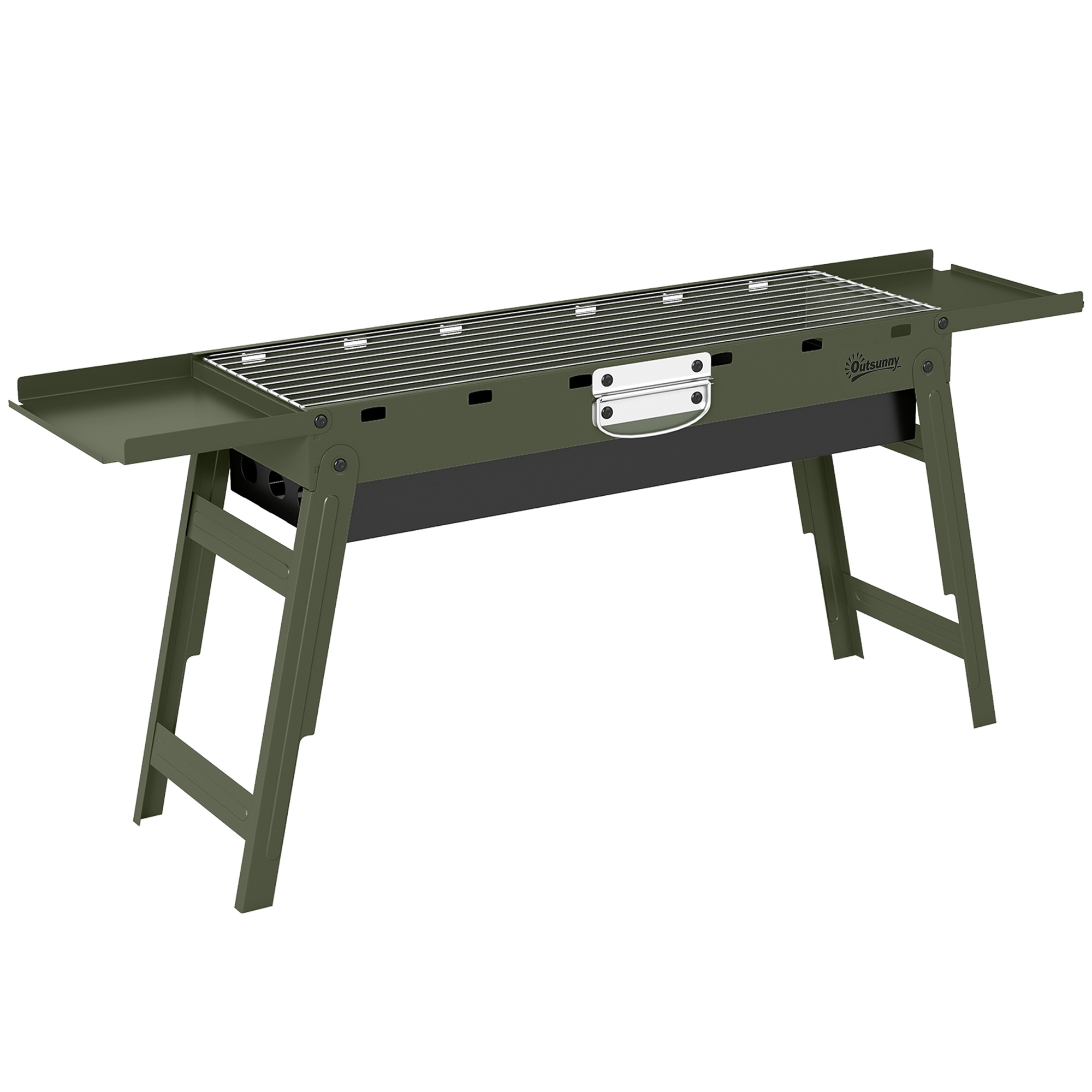 Outsunny Portable BBQ Grill, Foldable Charcoal Grill for Camping and Picnics with 2 Side Shelves and Handle, Green