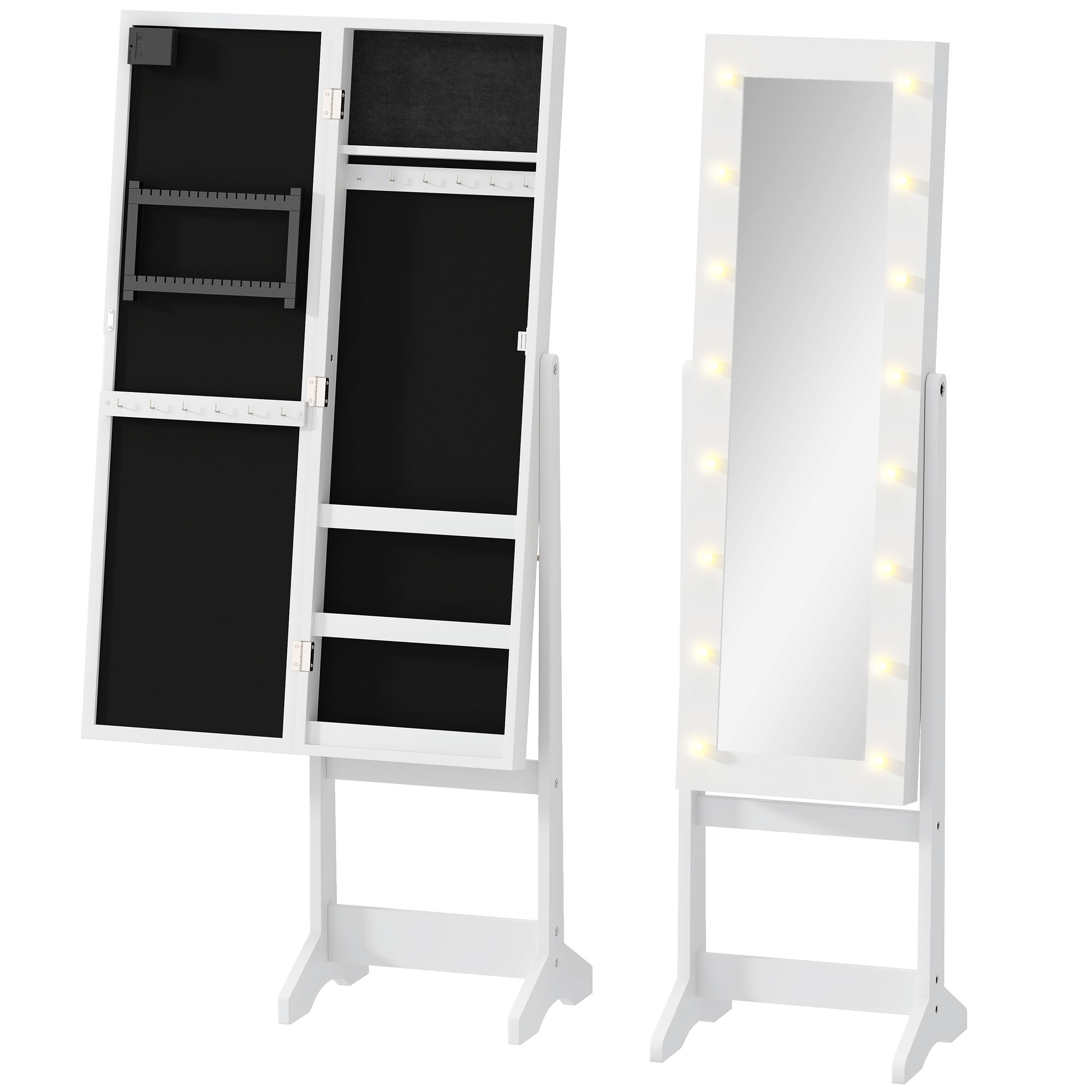 HOMCOM LED Schmuckschrank mit Spiegel Spiegelschrank Standspiegel Schmuckregal Spiegel verstellbar Cremeweiß 136 cm hoch Aosom