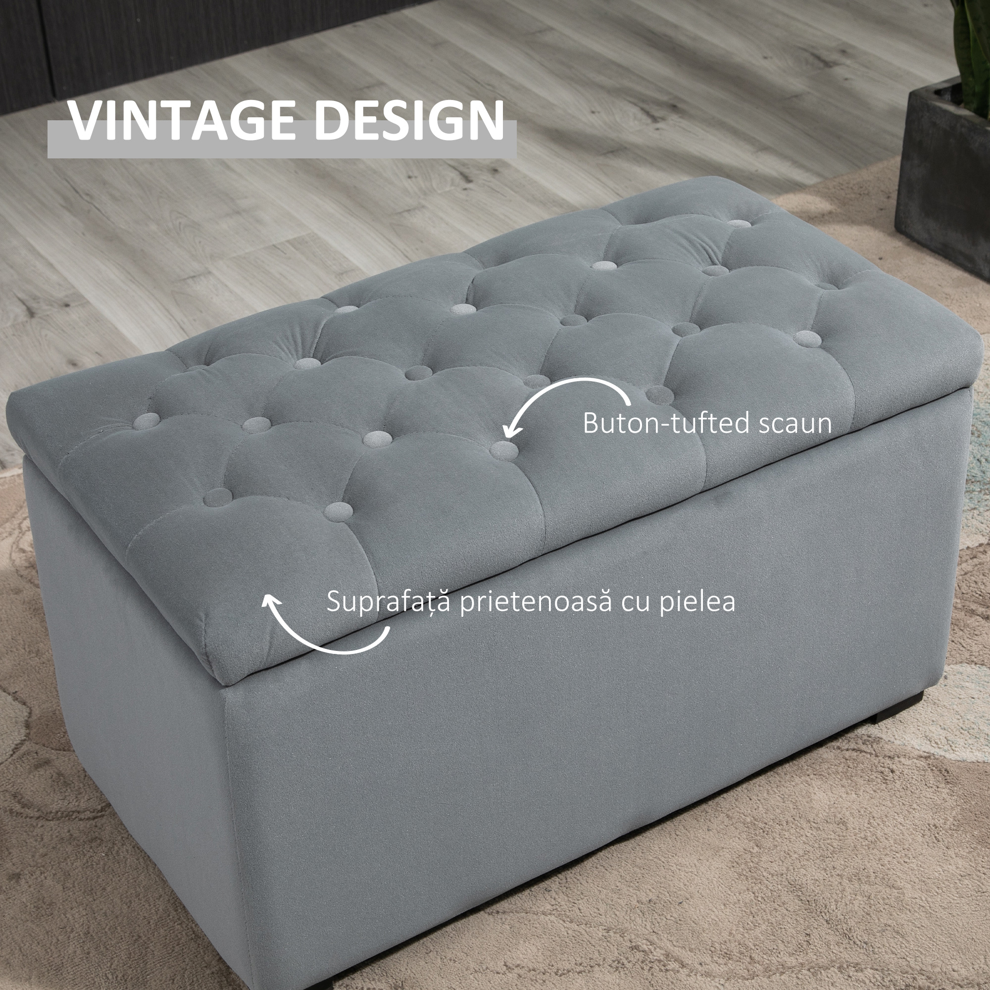  Cufar Depozitare Multifunctional - Cu 2 Pouf Catifea Gri [6]