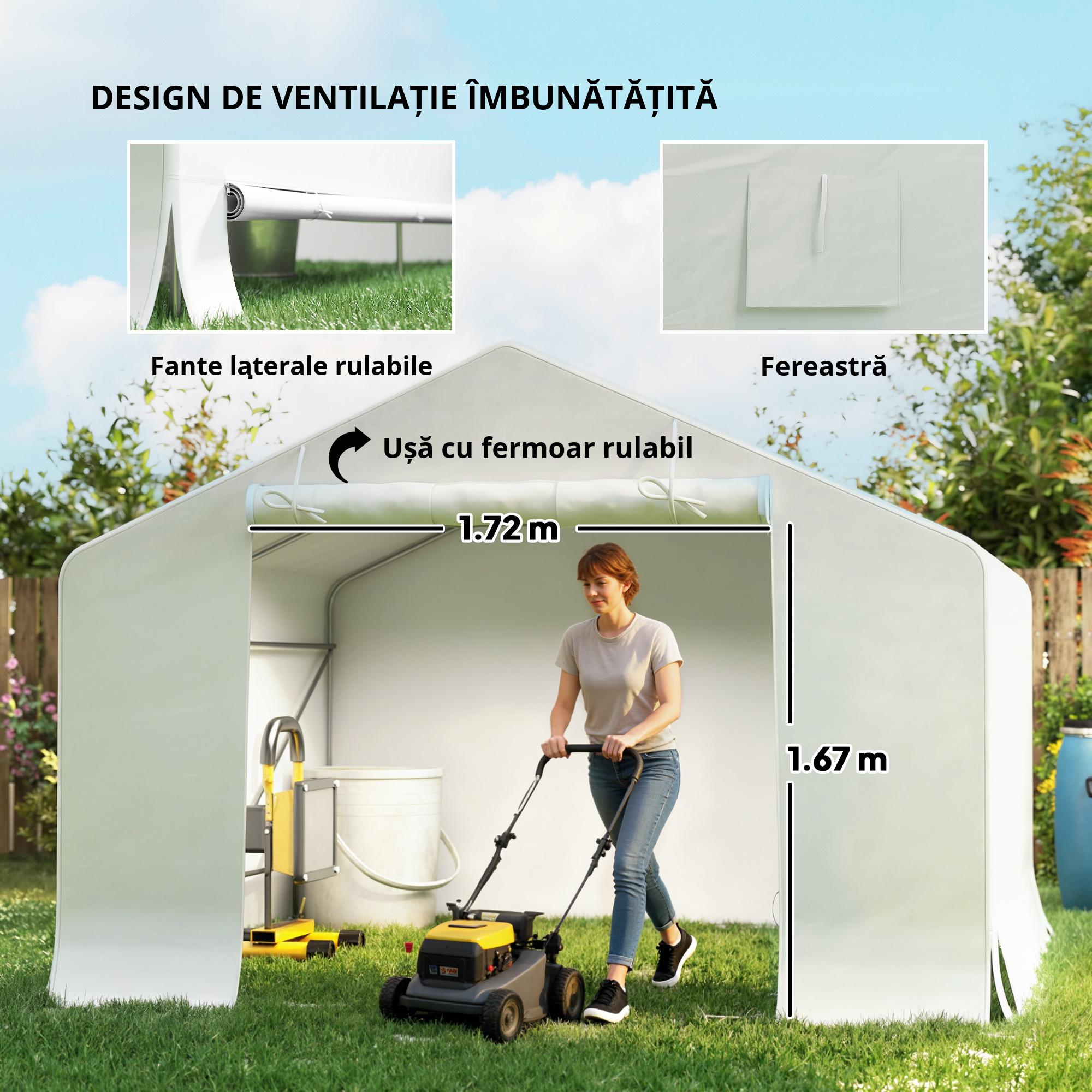  Garaj Moto Exterior 3x3 m Impermeabil cu Usa si Ventilatie Rulabila, Cort-Garaj pentru Biciclete si Unelte PE si Metal, Anti-UV, Alb [4]