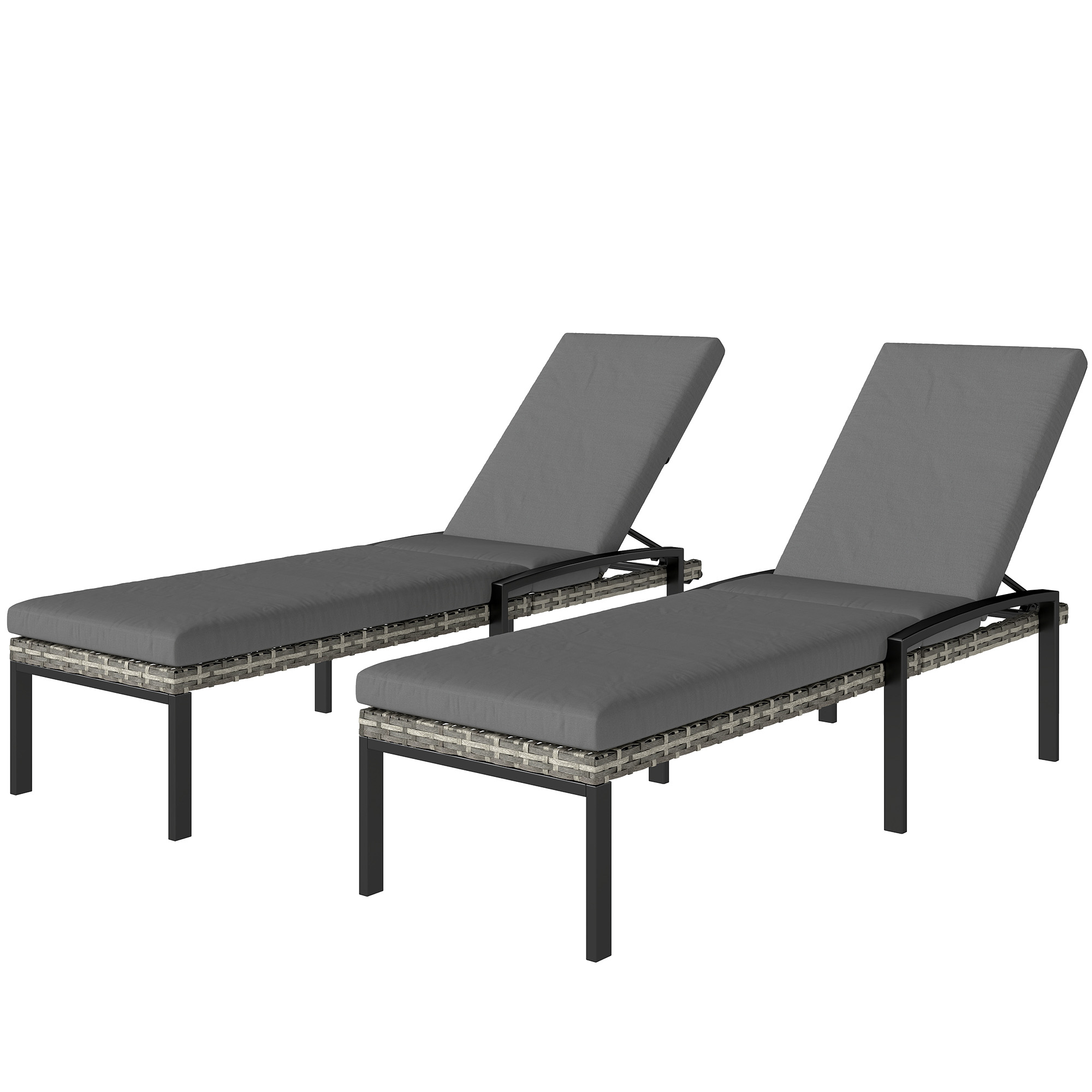 Outsunny Lot de 2 transats en polyrattan avec dossier réglable 5 positions, coussin, charge max 120 kg, gris clair