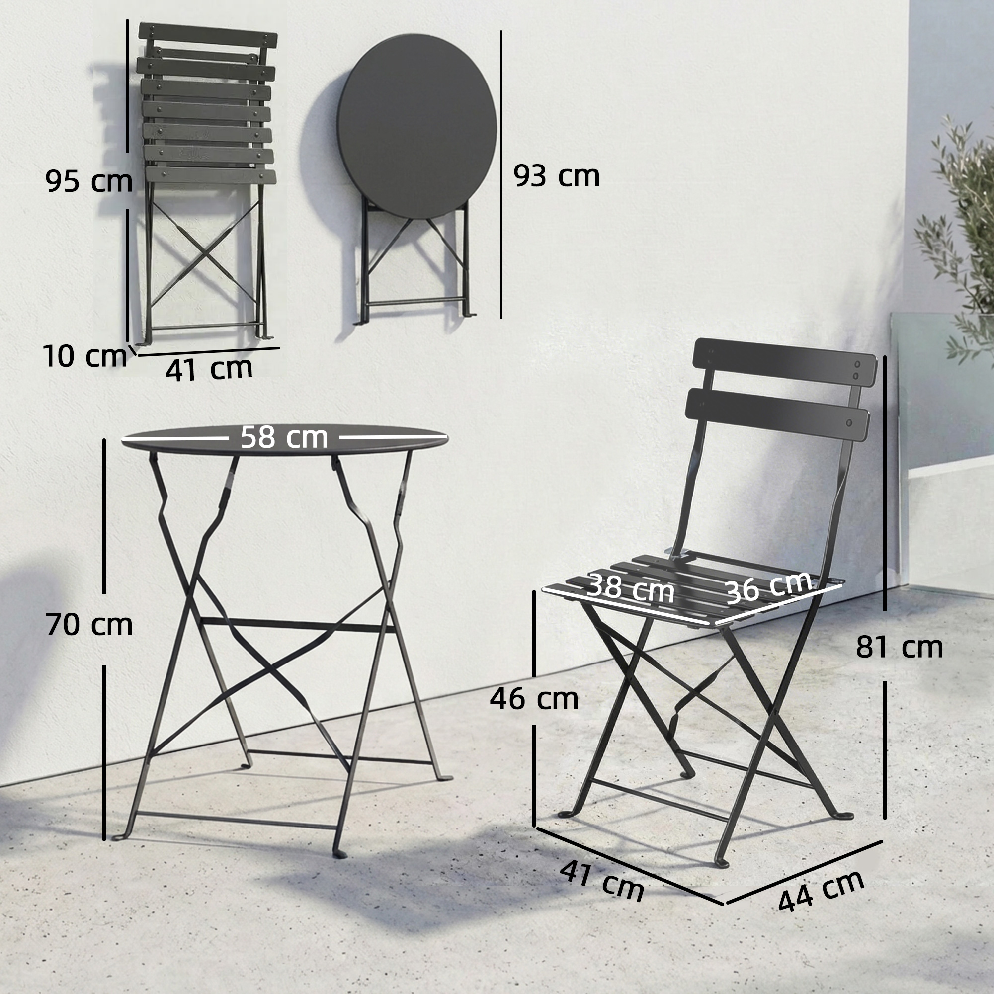 Outsunny Ensemble Bistrot Jardin - Table Carrée Et 2 Chaises Pliables Résine Tressée Métal Noir