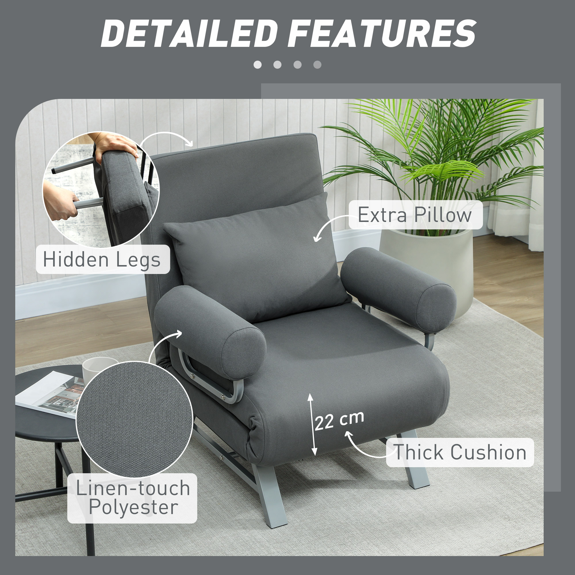  Fotoliu Extensibil 3 in 1 cu Spatar Reglabil pe 5 Nivele, din Material cu Efect de In, 73x78x81 cm, Gri inchis [5]