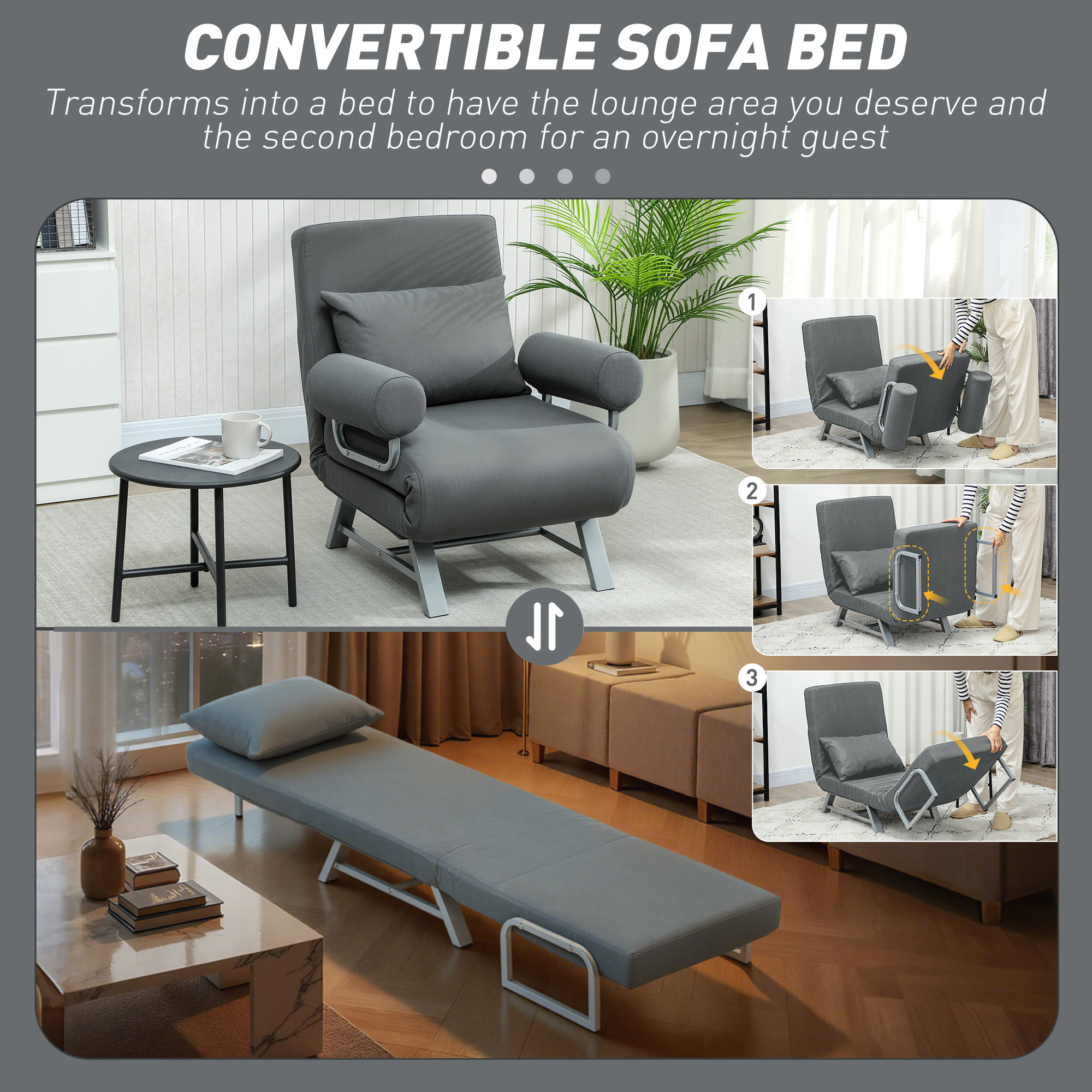  Fotoliu Extensibil 3 in 1 cu Spatar Reglabil pe 5 Nivele, din Material cu Efect de In, 73x78x81 cm, Gri inchis [3]