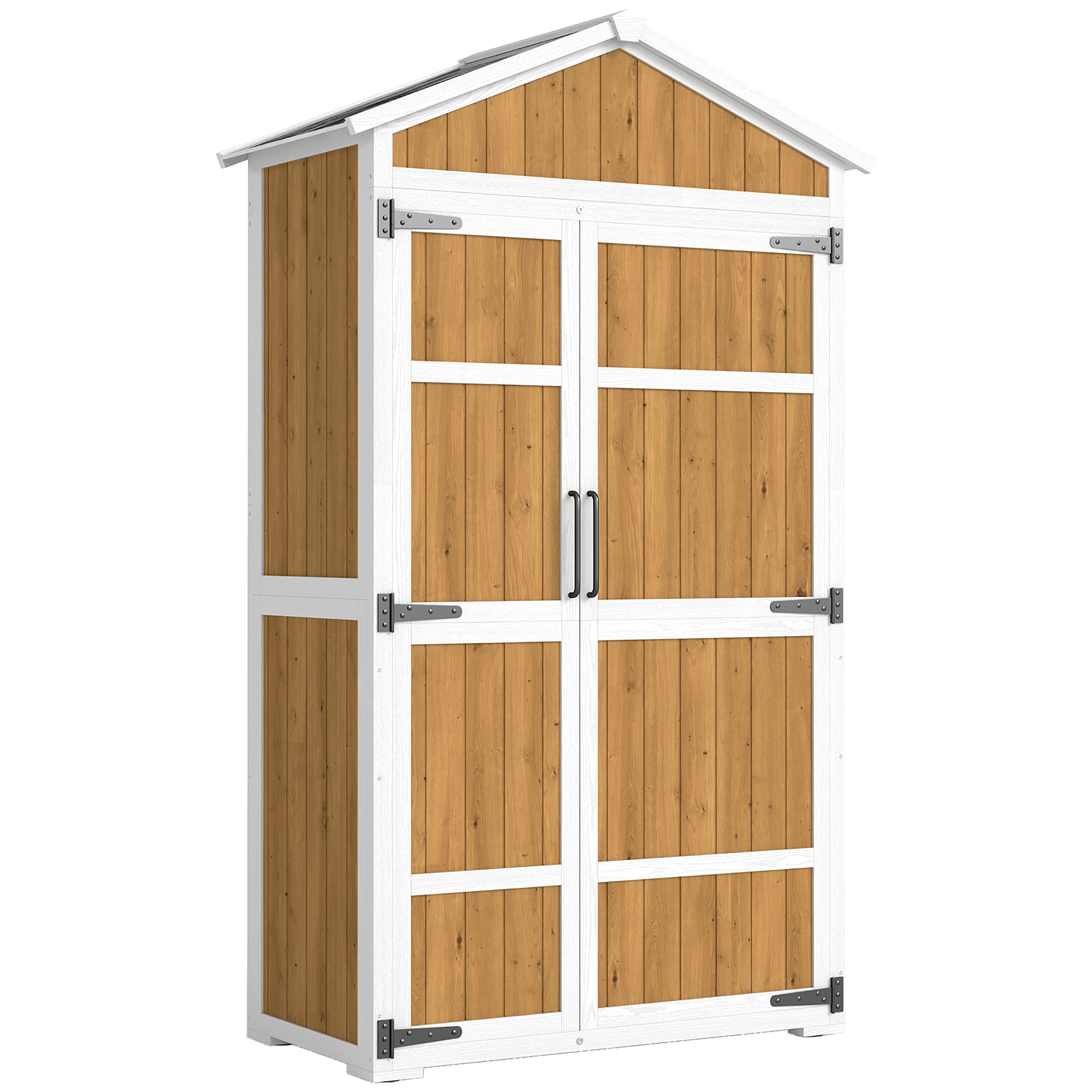 Outsunny Gartenschrank aus Holz - Wetterfester Außenschrank mit Metalldach - Aufbewahrungsschrank für Gartenwerkzeuge 105x55x179cm, Weiß und Natur Aosom