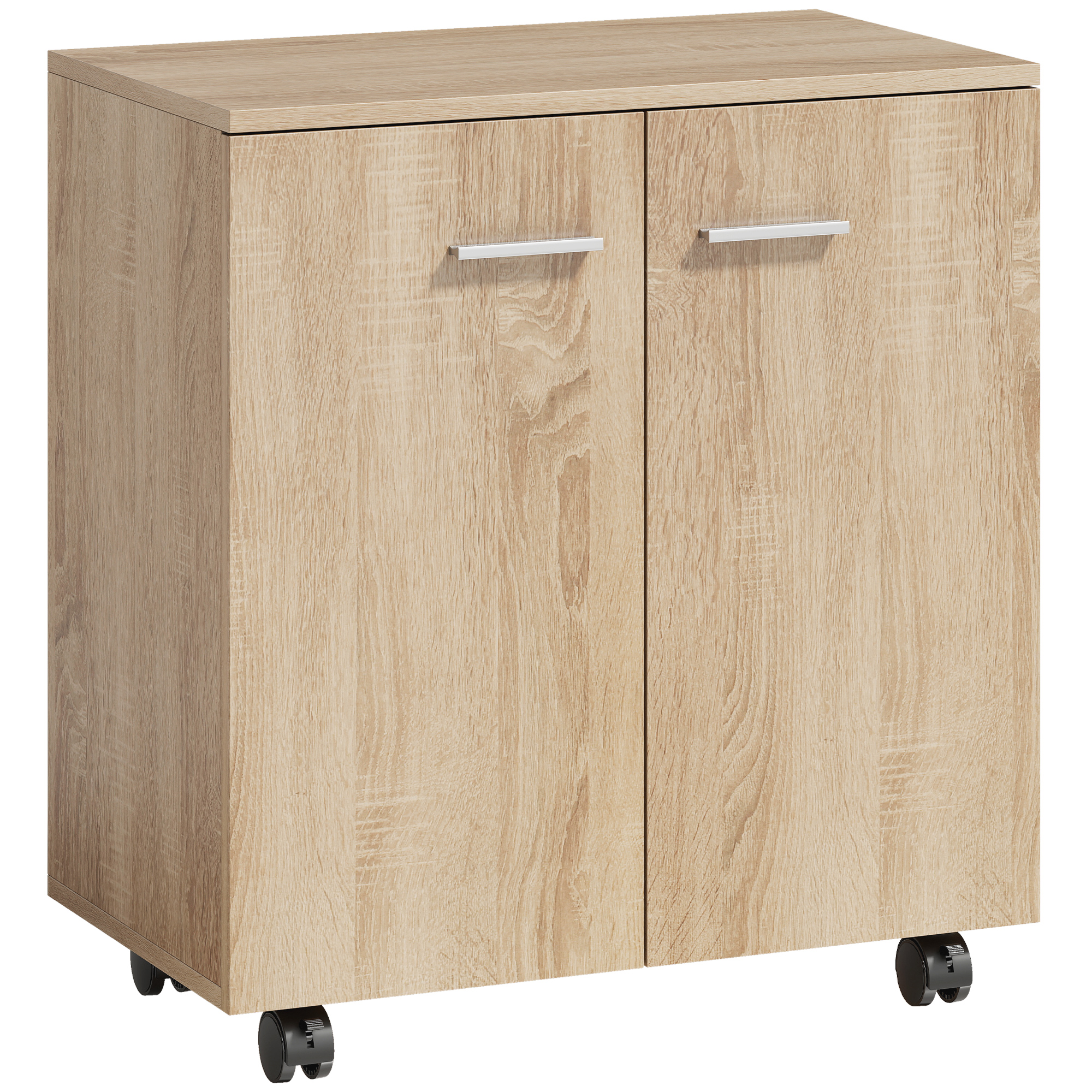 HOMCOM Sideboard auf Rollen, Sideboard mit 2 Türen und Regalen, für Wohnzimmer, Schlafzimmer, Büro, 60x35x65 cm, Natur Aosom