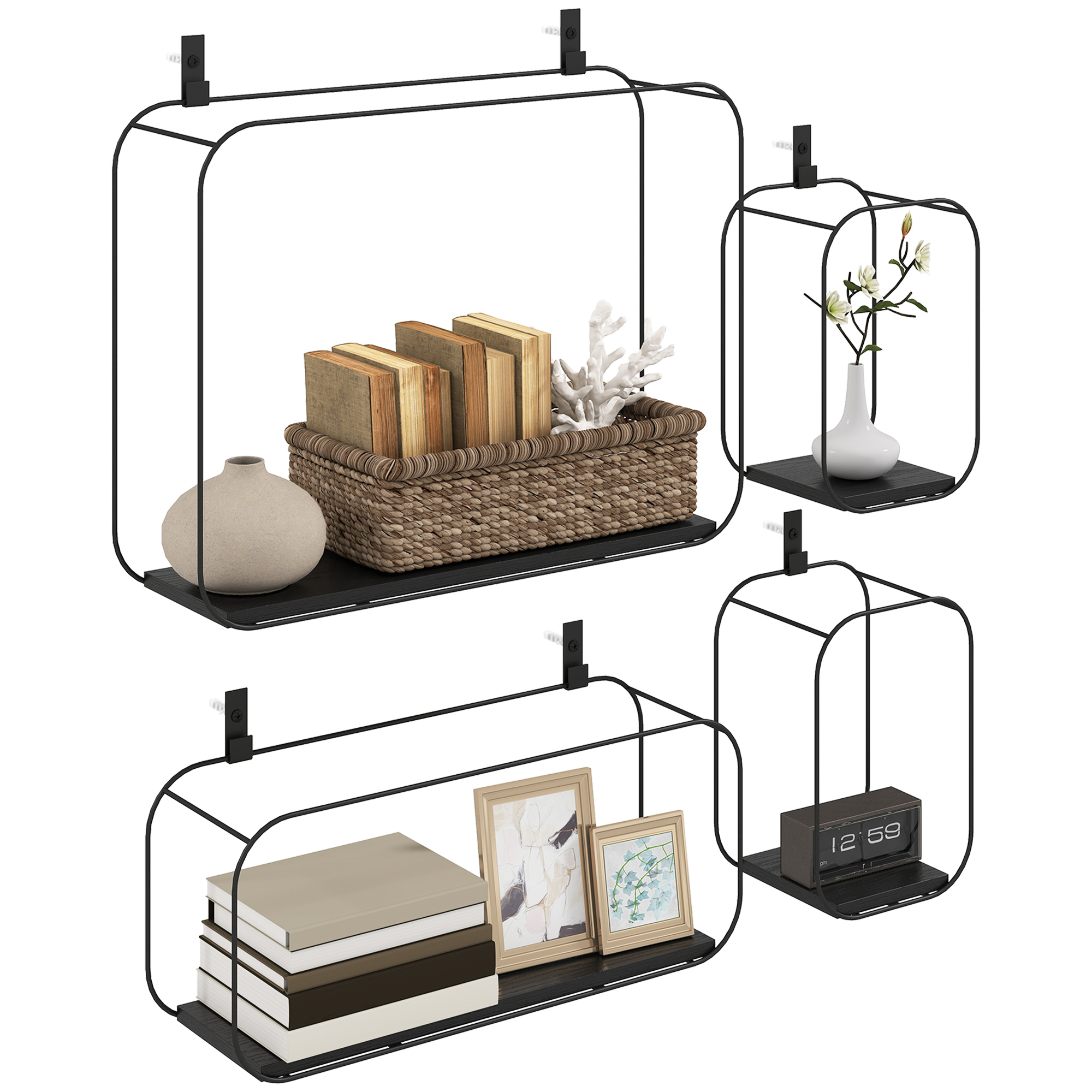  Rafturi Flotante Geometrice pentru Living, Set de 4 Piese, Negru [6]