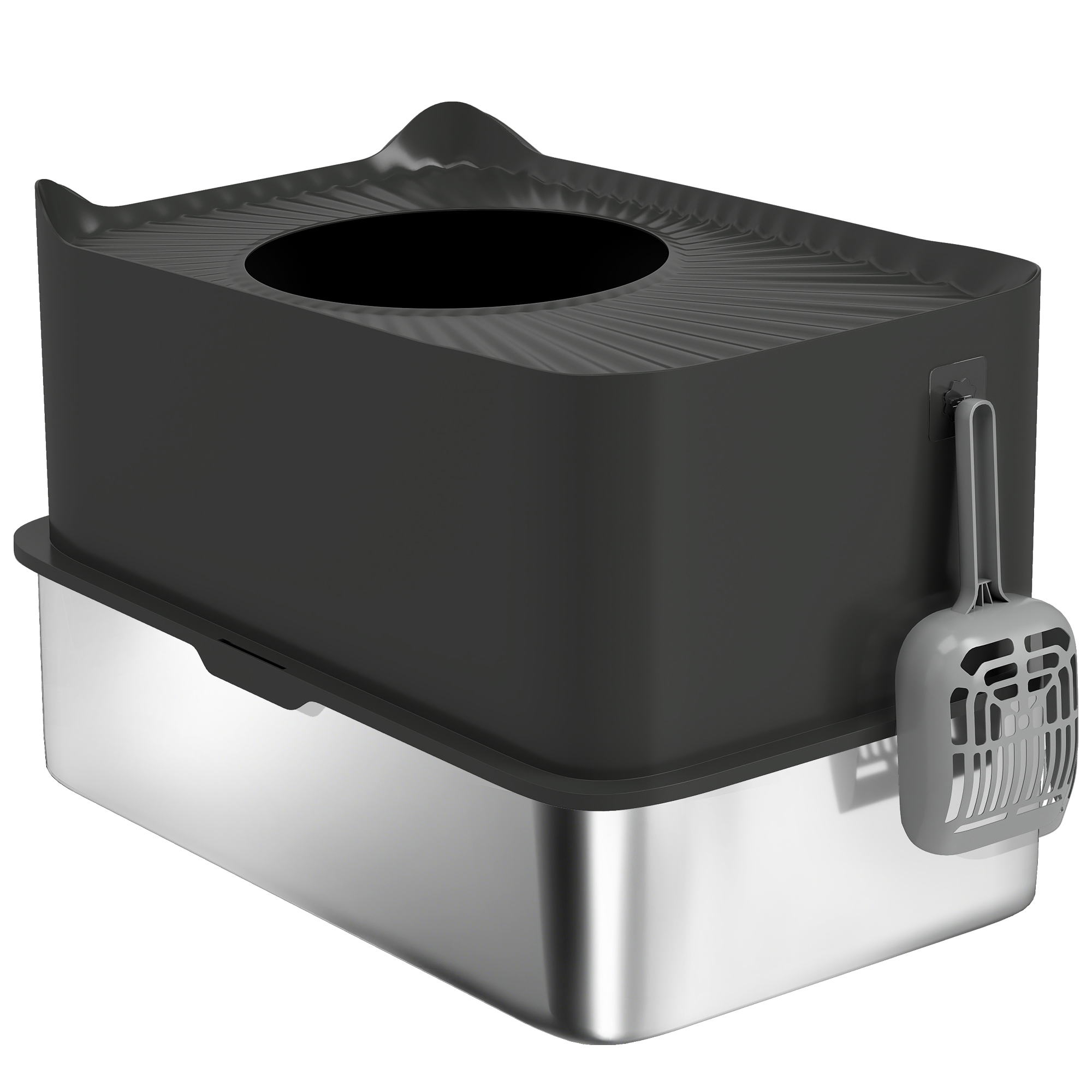 Meilleurs prix pour PawHut Bac à litière pour chat en acier inoxydable 85L grande capacité maison de toilette semi-fermée, 60 x 40 x 38 cm noir