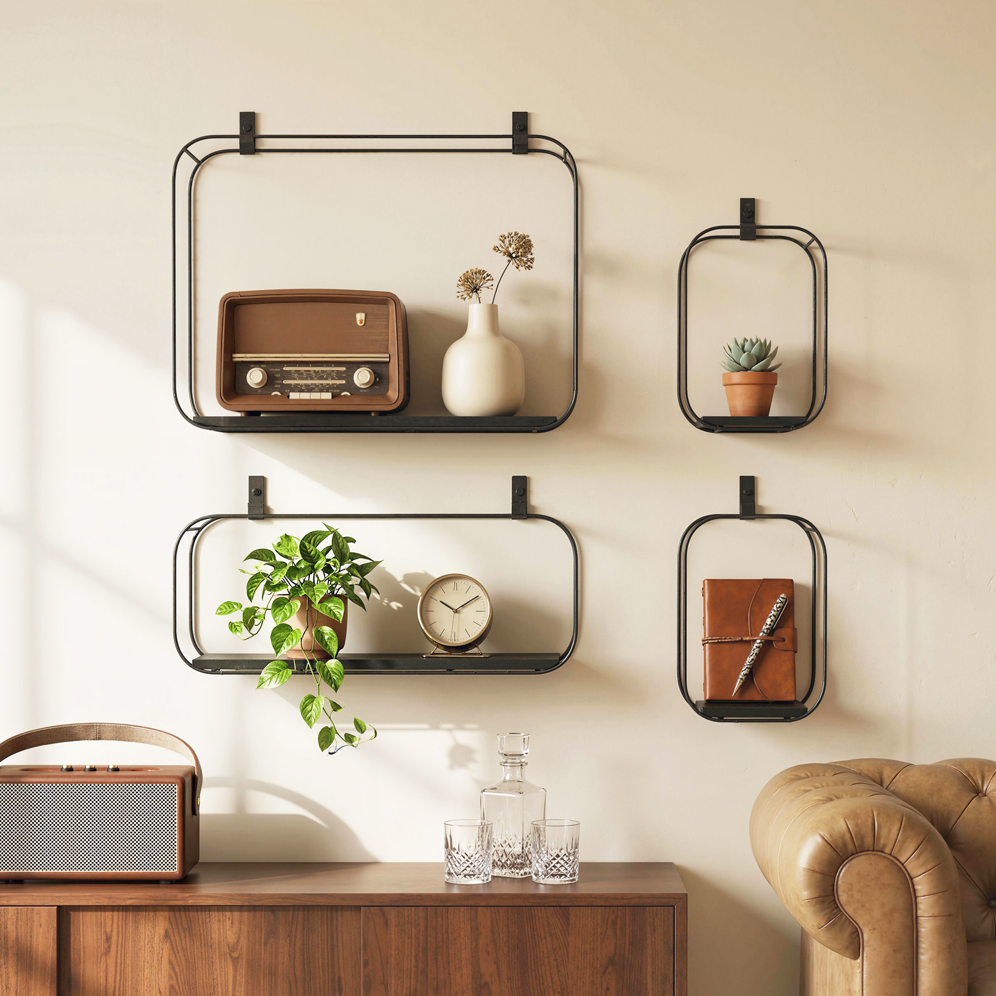  Rafturi Flotante Geometrice pentru Living, Set de 4 Piese, Negru [1]