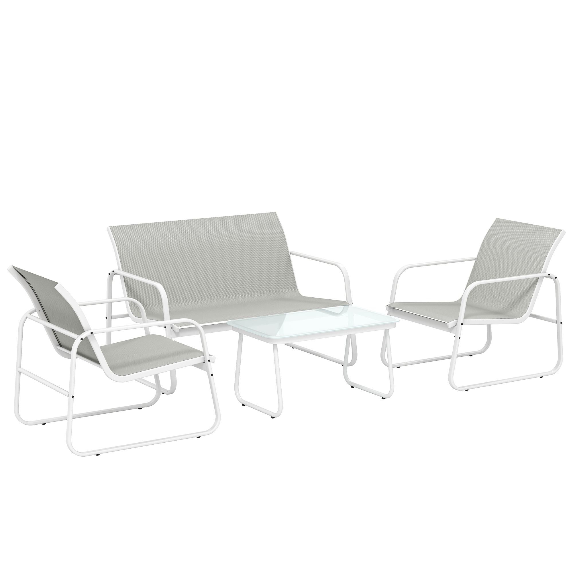 Outsunny 4-teiliges Gartenmöbel-Set, Außenmöbel mit Zweisitzer-Sofa, 2 Sesseln, Tisch mit gehärteter Glasplatte, atmungsaktives Textilene, Stahlgestell, Hellgrau Aosom