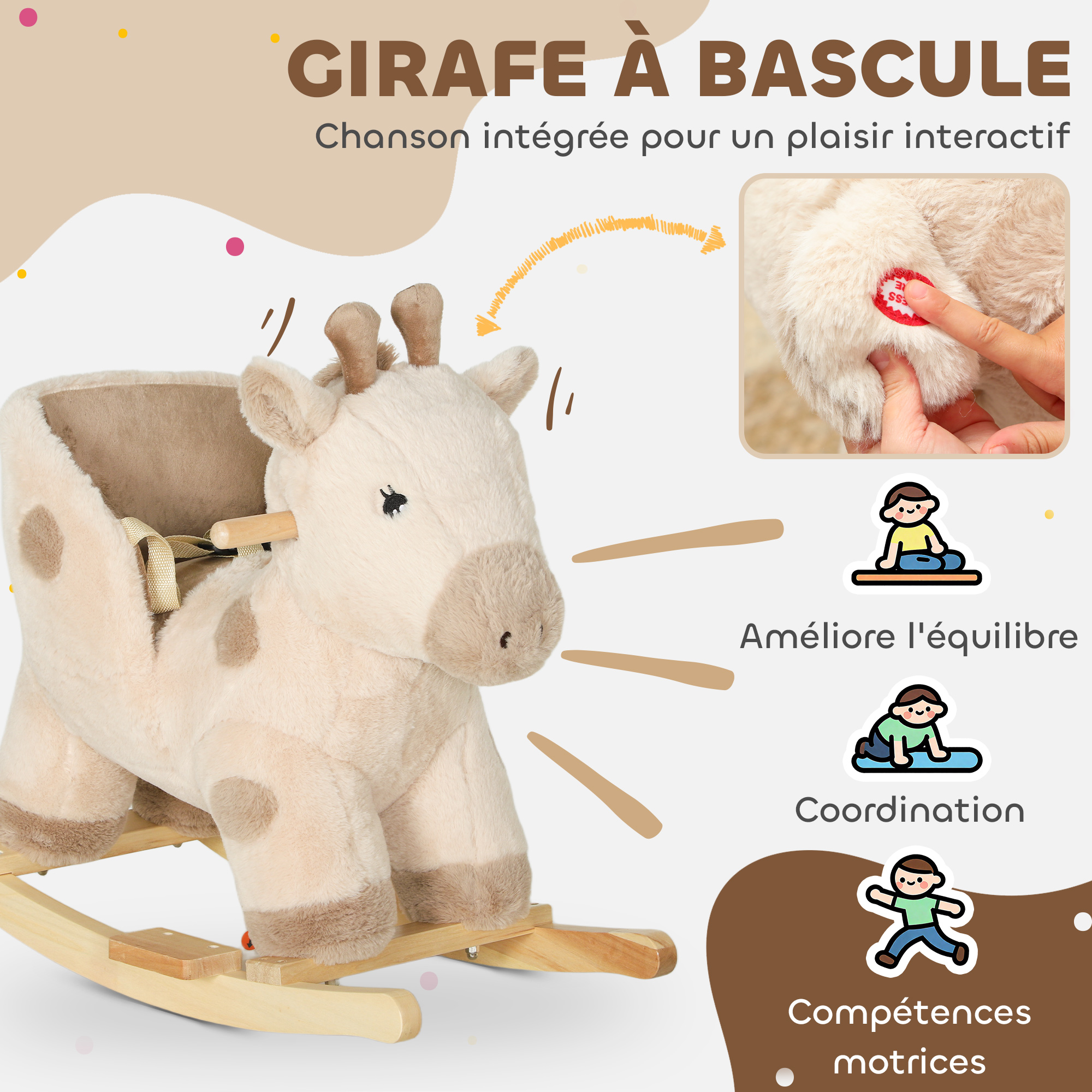 Cheval à monter pour enfant - AIYAPLAY - selle surélevée, effet sonore - pour enfants 3-5 ans, charge max. 60 kg - marron - Jeux - Jouets