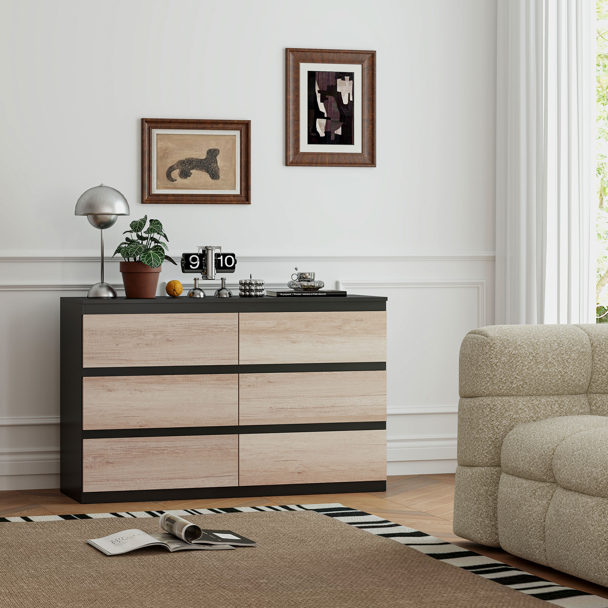  Comoda cu 6 Sertare pentru Dormitor din Lemn cu sine Metalice, 120x39x75 cm, Neagra si de Culoarea Lemnului [6]