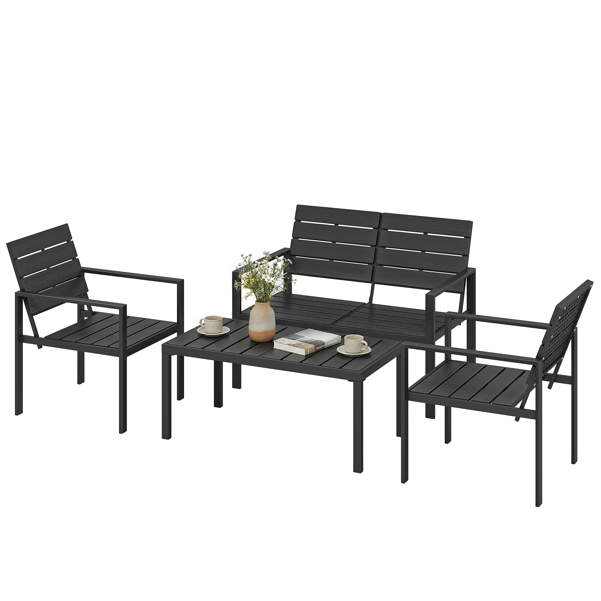 Outsunny Salon de jardin extérieur 4 pièces canapé 2 places, 2 chaises et table basse, mobilier de jardin terrasse veranda, noir