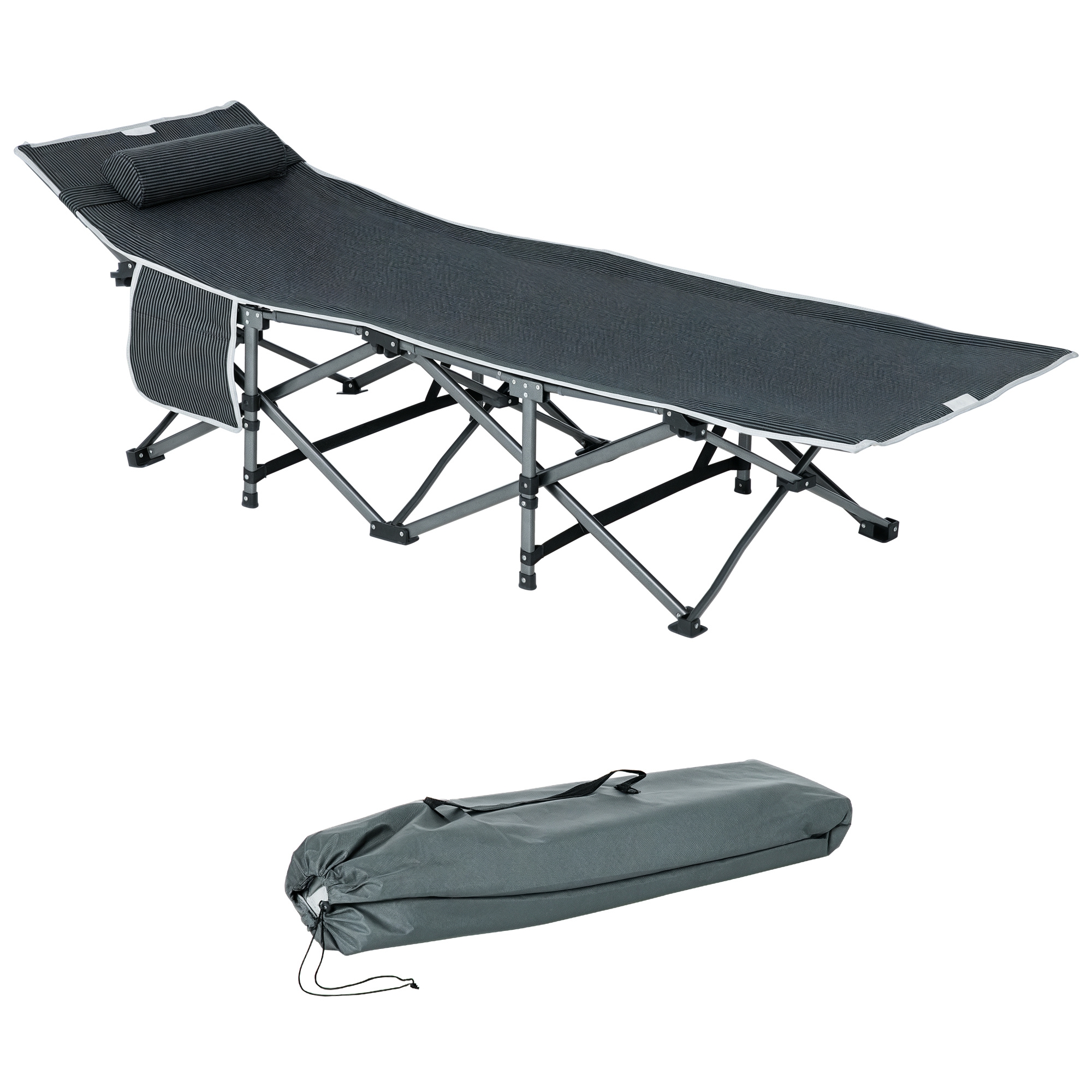 Outsunny Bain de soleil pliable avec oreiller pochette latérale sac de rangement intégrée métal et tissu oxford 188 x 64,5 x 53 cm grisnull