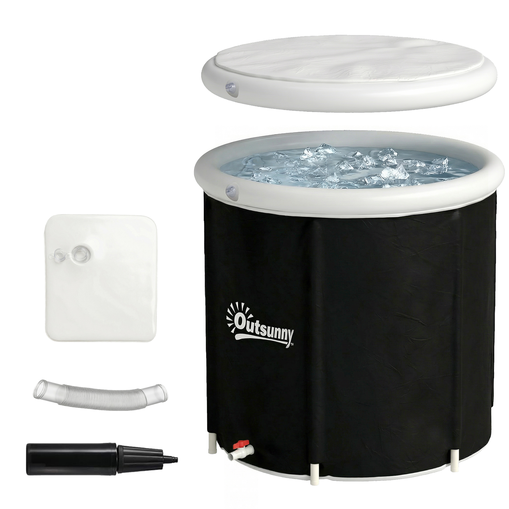 Outsunny Baignoire à Glace Pliable Gonflable 280 L avec Couvercle et Pompe pour Entraînement à l'Eau Froide, 78x78x71 cm, Noir