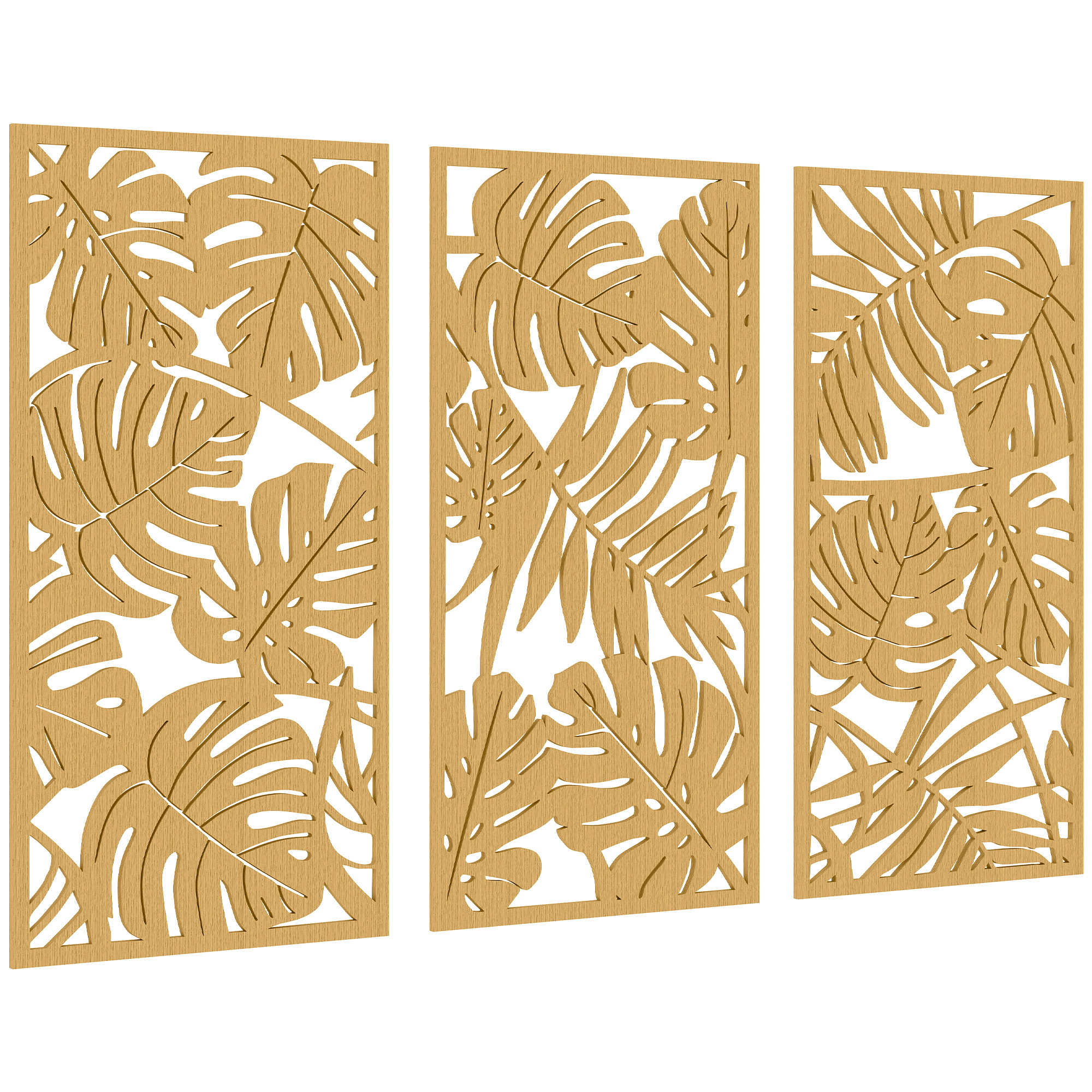 HOMCOM Ensemble de 3 Décorations Murales en Bois 3D, 40 x 80 cm, Feuilles Tropicales, Effet Bois Naturel