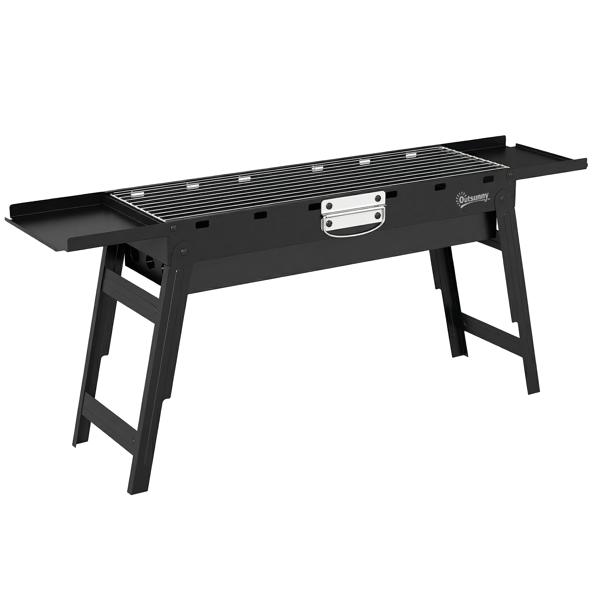 Outsunny Portable BBQ Grill, Foldable Charcoal Grill for Camping and Picnics with 2 Side Shelves and Handle, Black