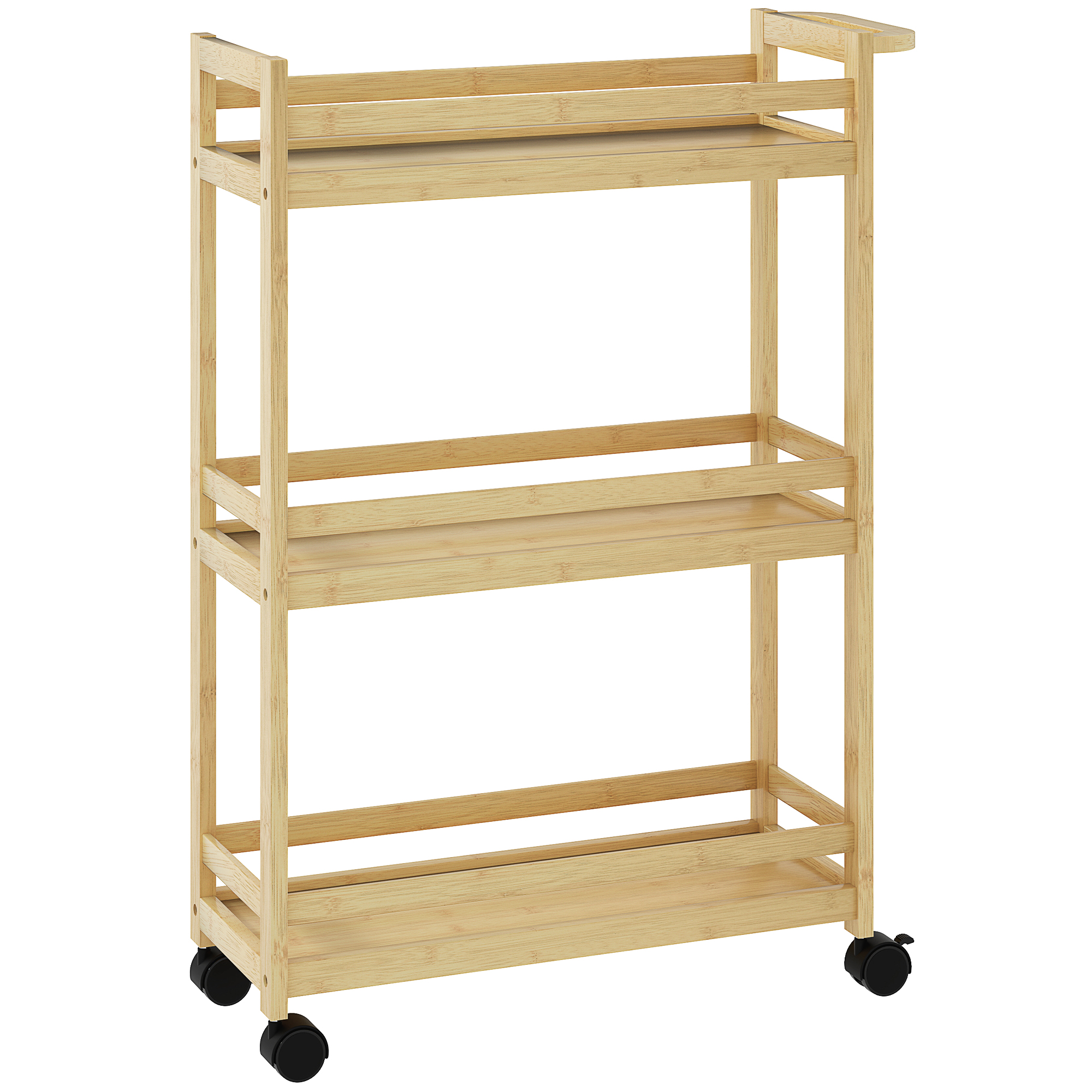 HOMCOM Badregal, Badezimmerregal mit 3 Ebenen, Rolle, Standregal aus Bambus, mit Griffe, für Badezimmer, Wohnzimmer, Küche, 55 x 20 x 75 cm, Naturholz Aosom