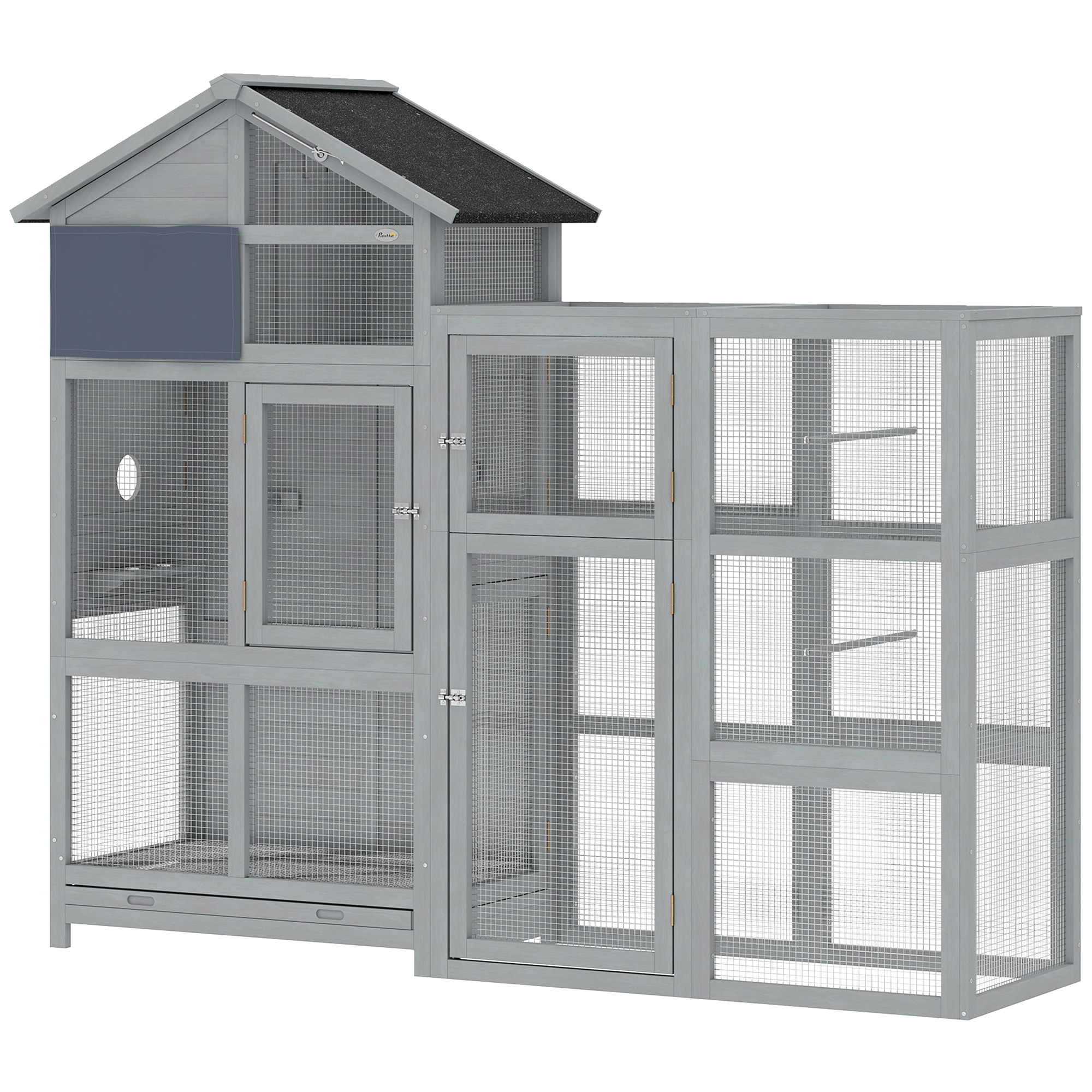 Meilleurs prix pour PawHut Volière Cage en bois avec 6 perchoirs compartiment tiroir extractible gamelles en acier inoxydable 196x60x164,5cm Gris