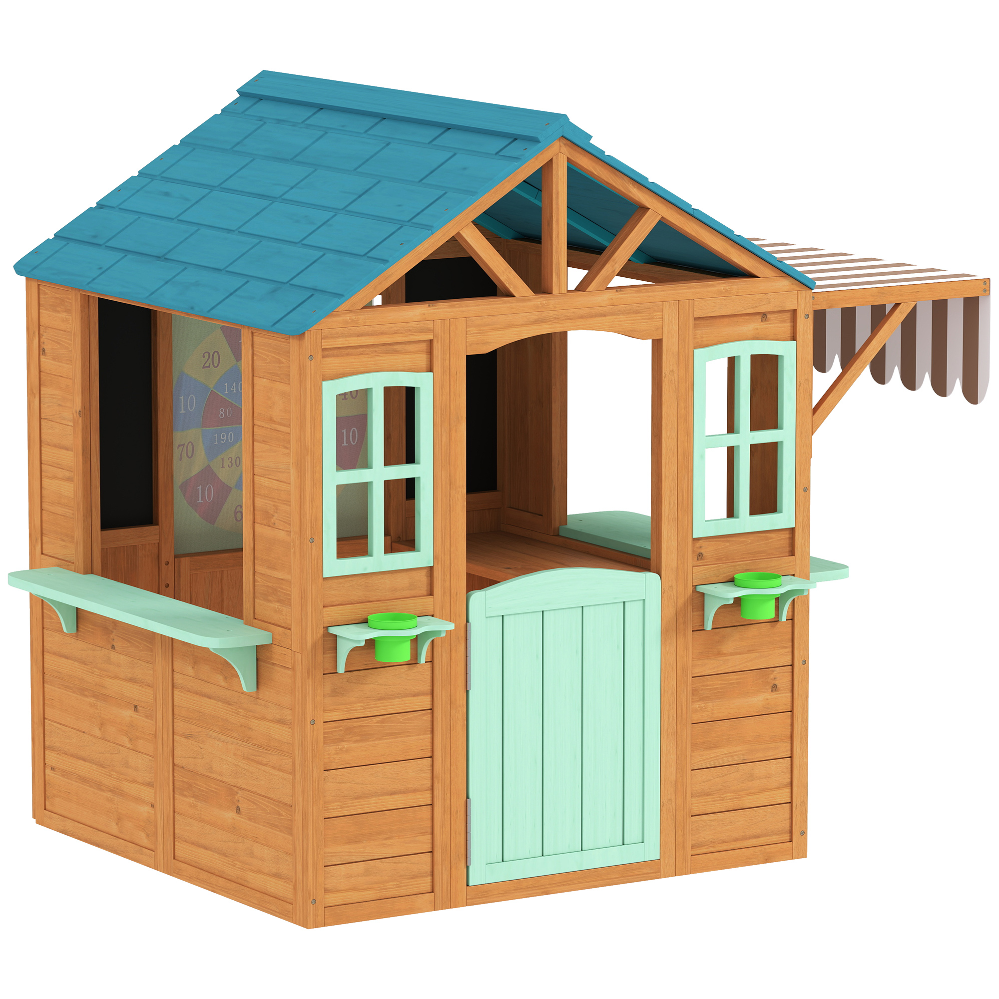 AIYAPLAY Maisonnette de jardin pour enfants Fenêtre, snack-bar, demi-porte, porte-pots, toile cible, 4 balles, tableau