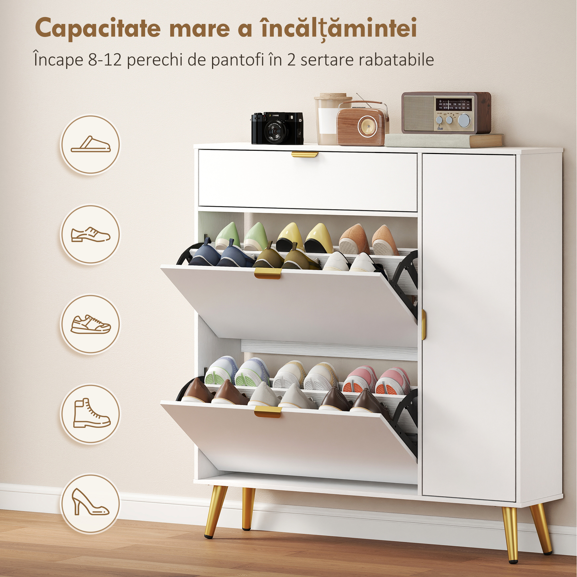  Dulap pentru Pantofi Slim cu Usi Rabatabile, Rafturi Reglabile, pentru 12 Perechi, Alb [4]