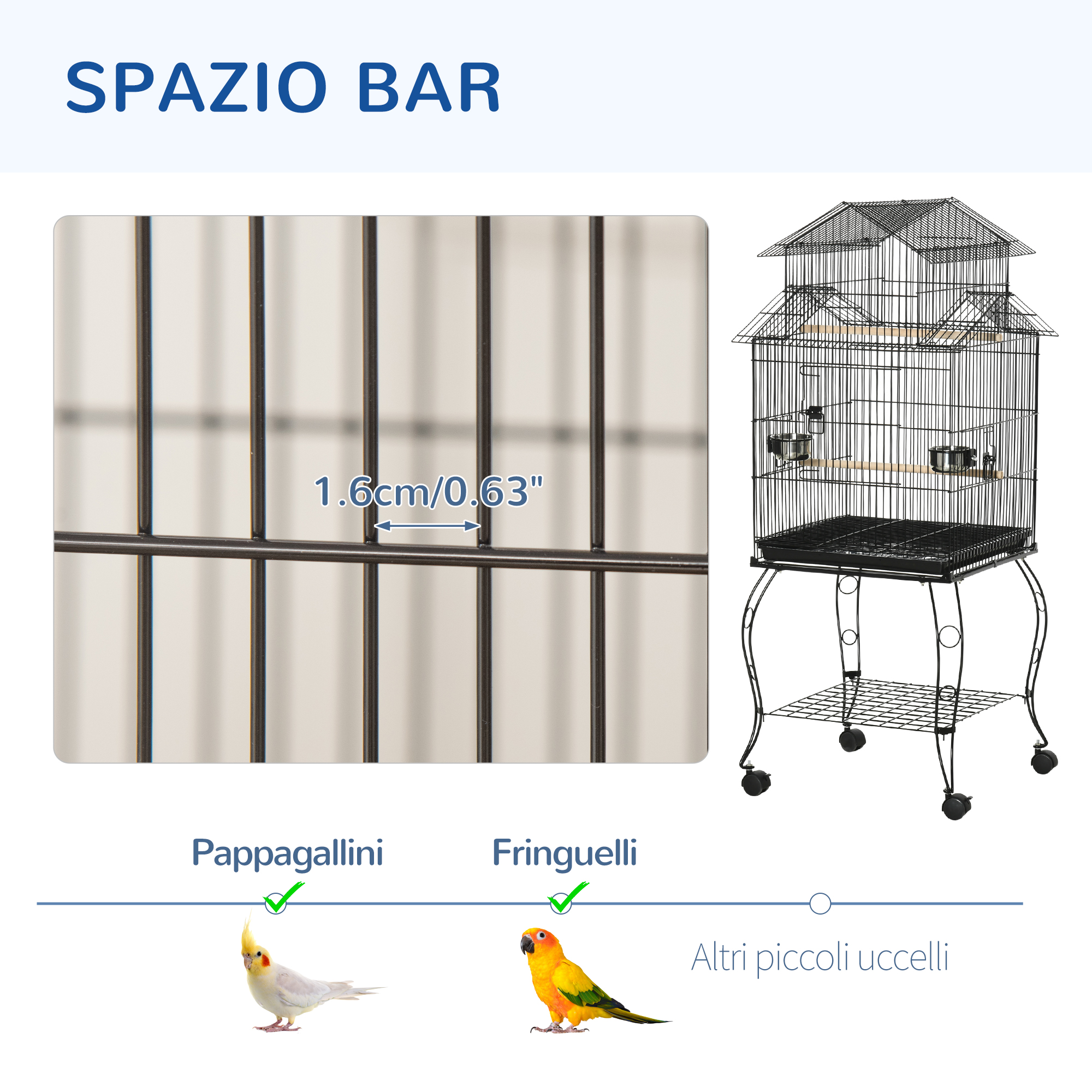 Gabbia Per Uccelli PawHut 76x46x46 Cm Con Divisore – Voliera Per Pappagalli E Canarini Con 4 Mangiatoie, 4 Posatoi E Vassoio Estraibile, Barre 1,2 Cm Di Sicurezza